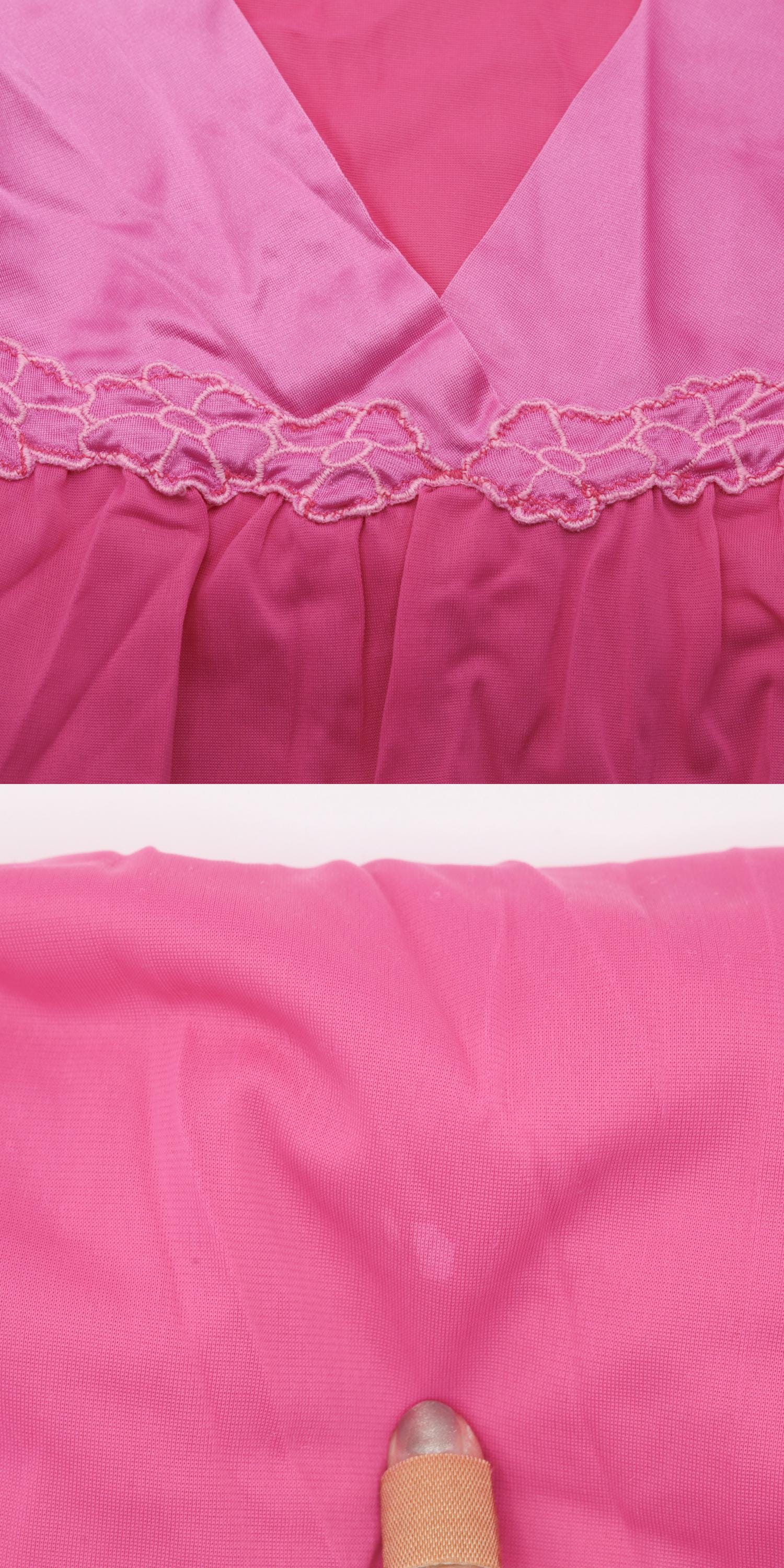 80s Hot Pink Floral Embroidered Nightgown Knee-Length Shift V-Neck Large L