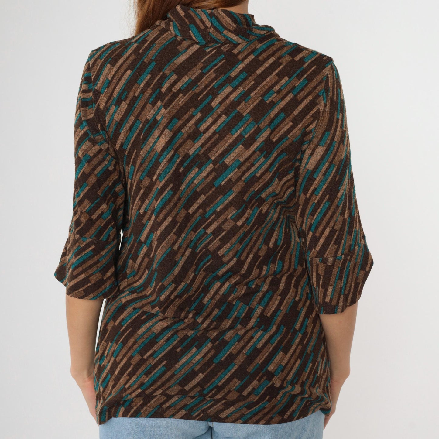 Y2K Briggs New York Striped Blouse Empire Waist Deep V Neck Brown Teal Large Petite