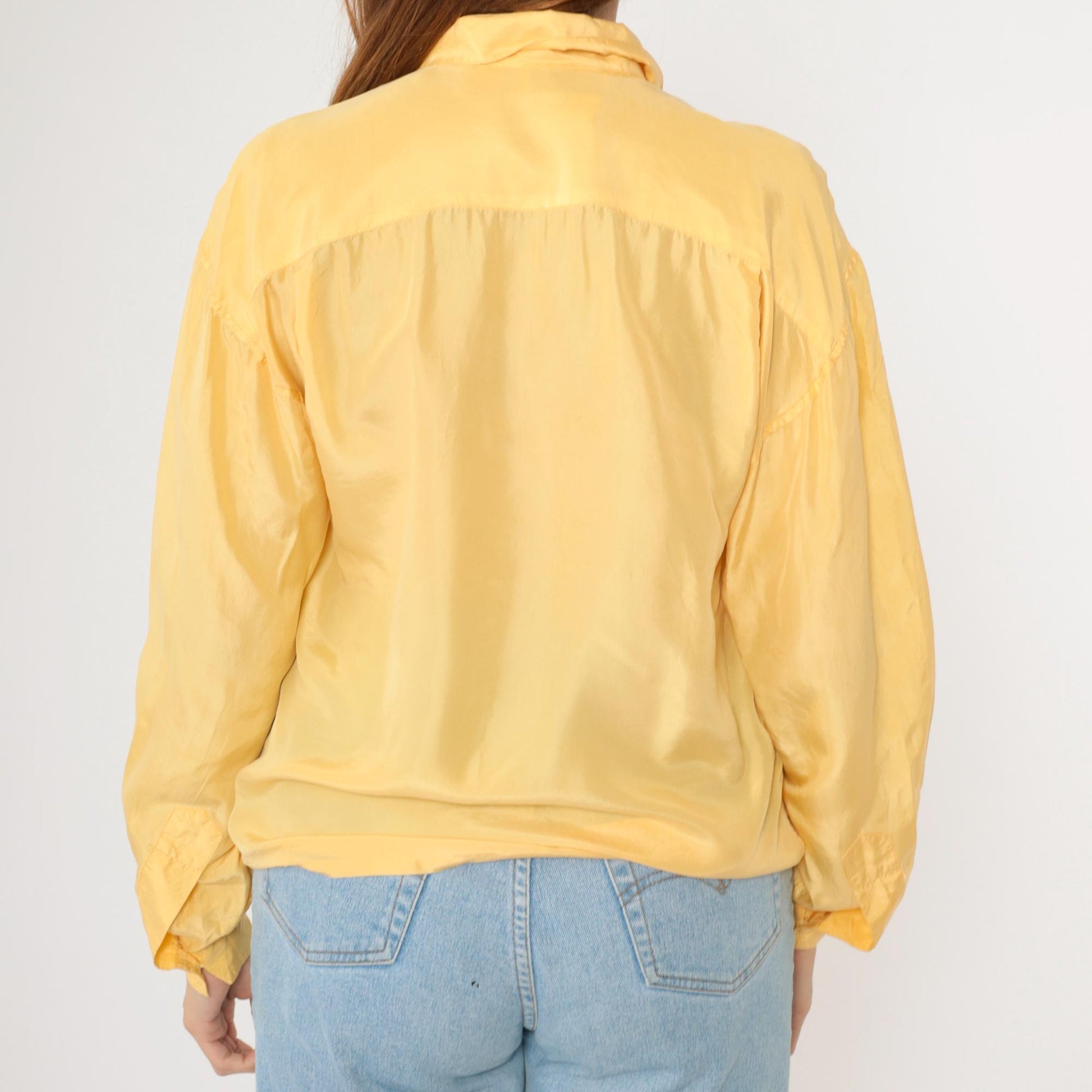 90s Ivy Club Classics Yellow Silk Button-Up Blouse Long Sleeve Small S