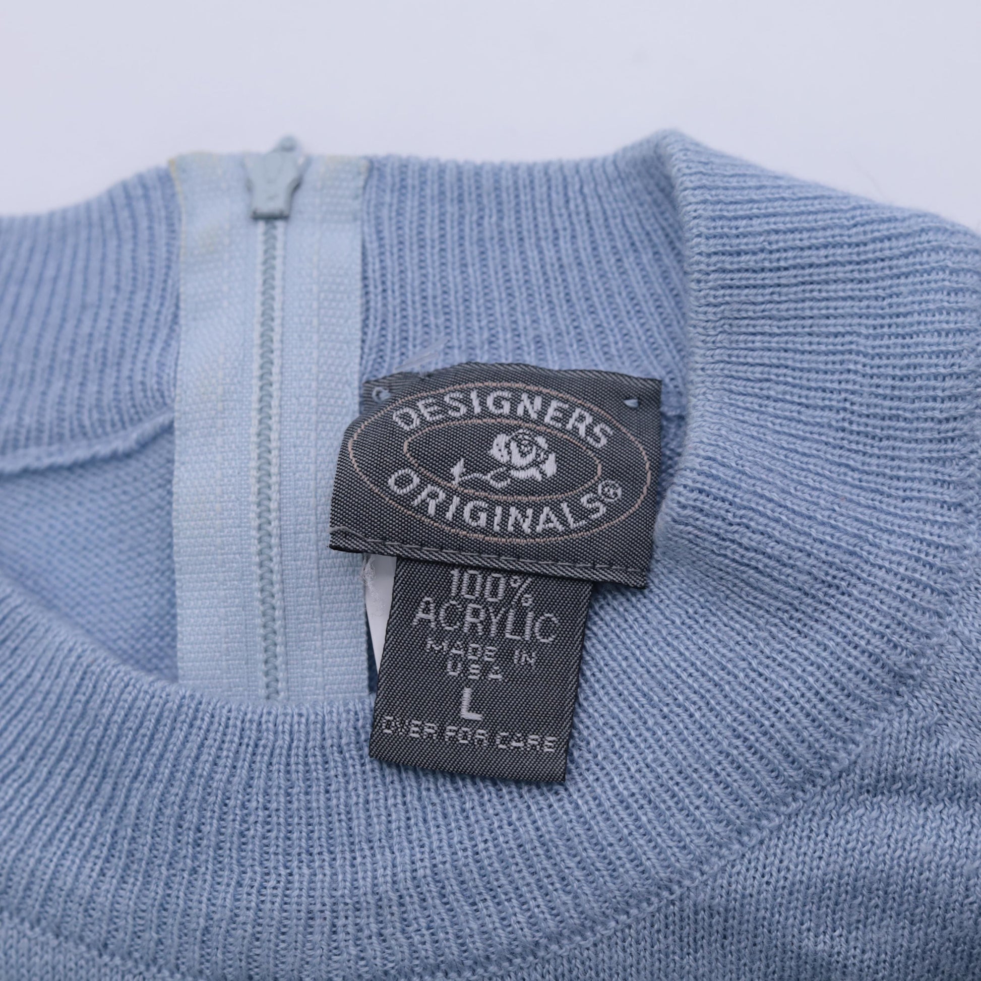 80s Blue Knit Sweater Raglan Short Sleeve Crewneck Rear Zip Large L