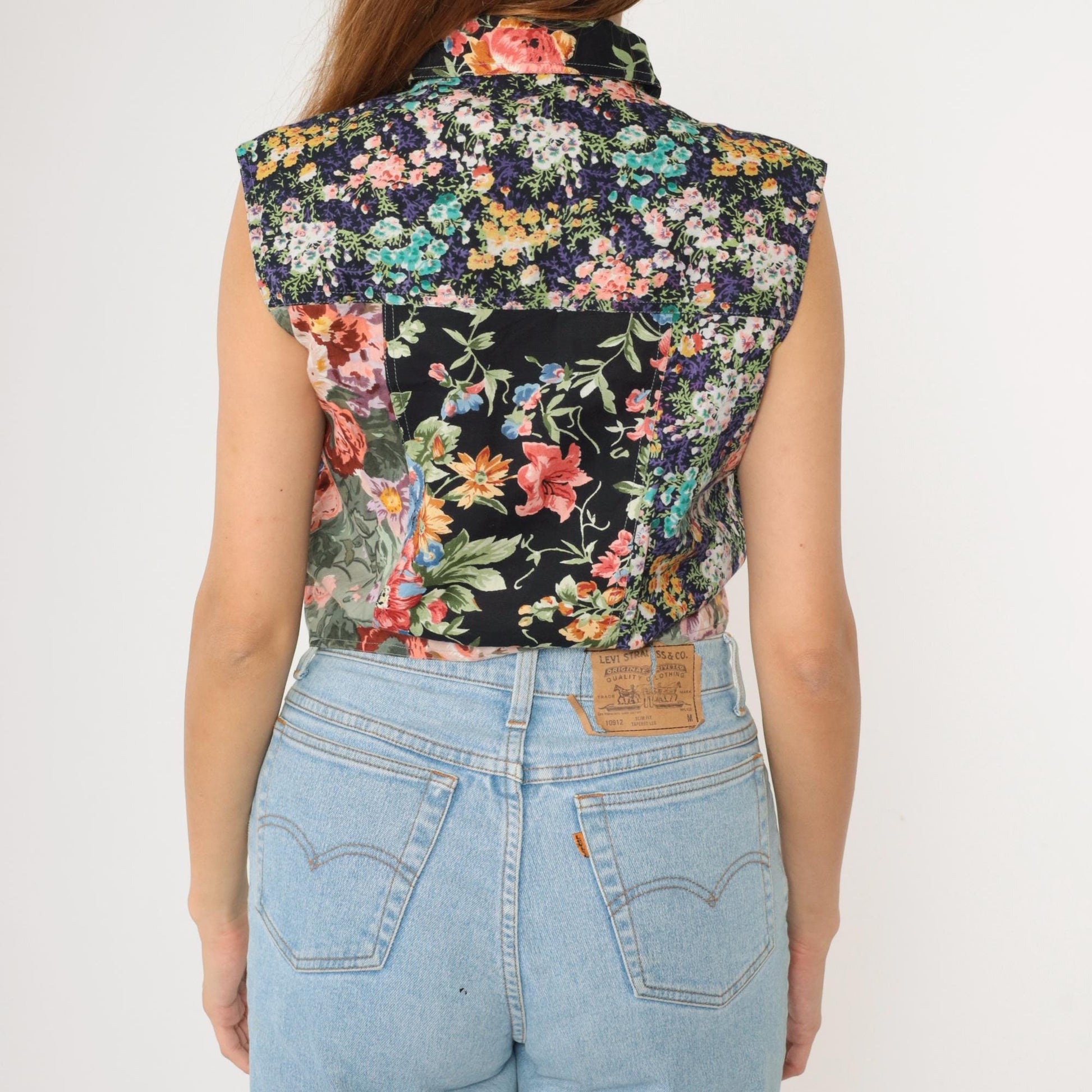 90s Cotton Express Floral Patchwork Crop Vest Button-Up Sleeveless Medium