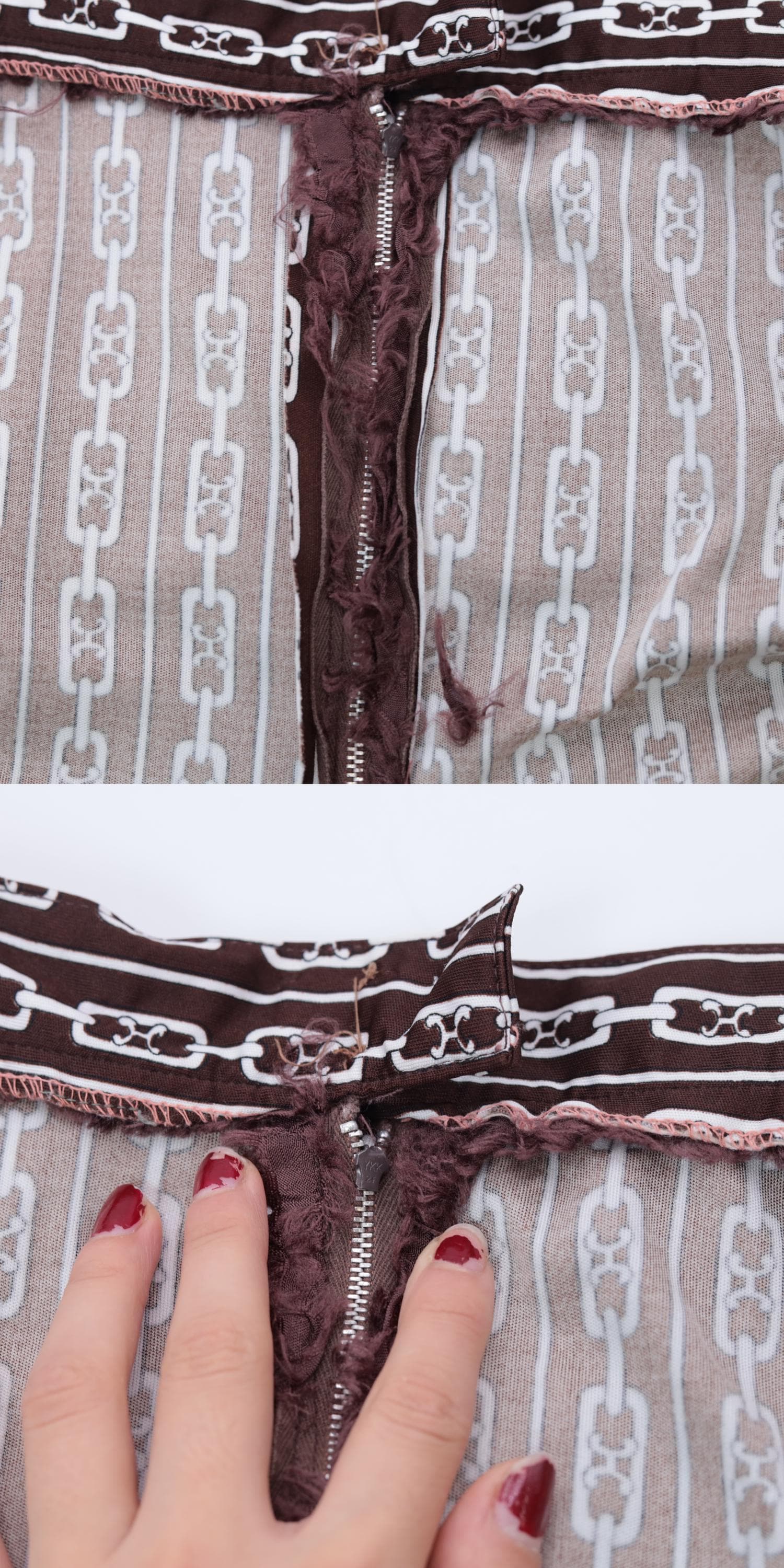 60s Brown Chain Print Midi Skirt A-Line High Waist Flared Small
