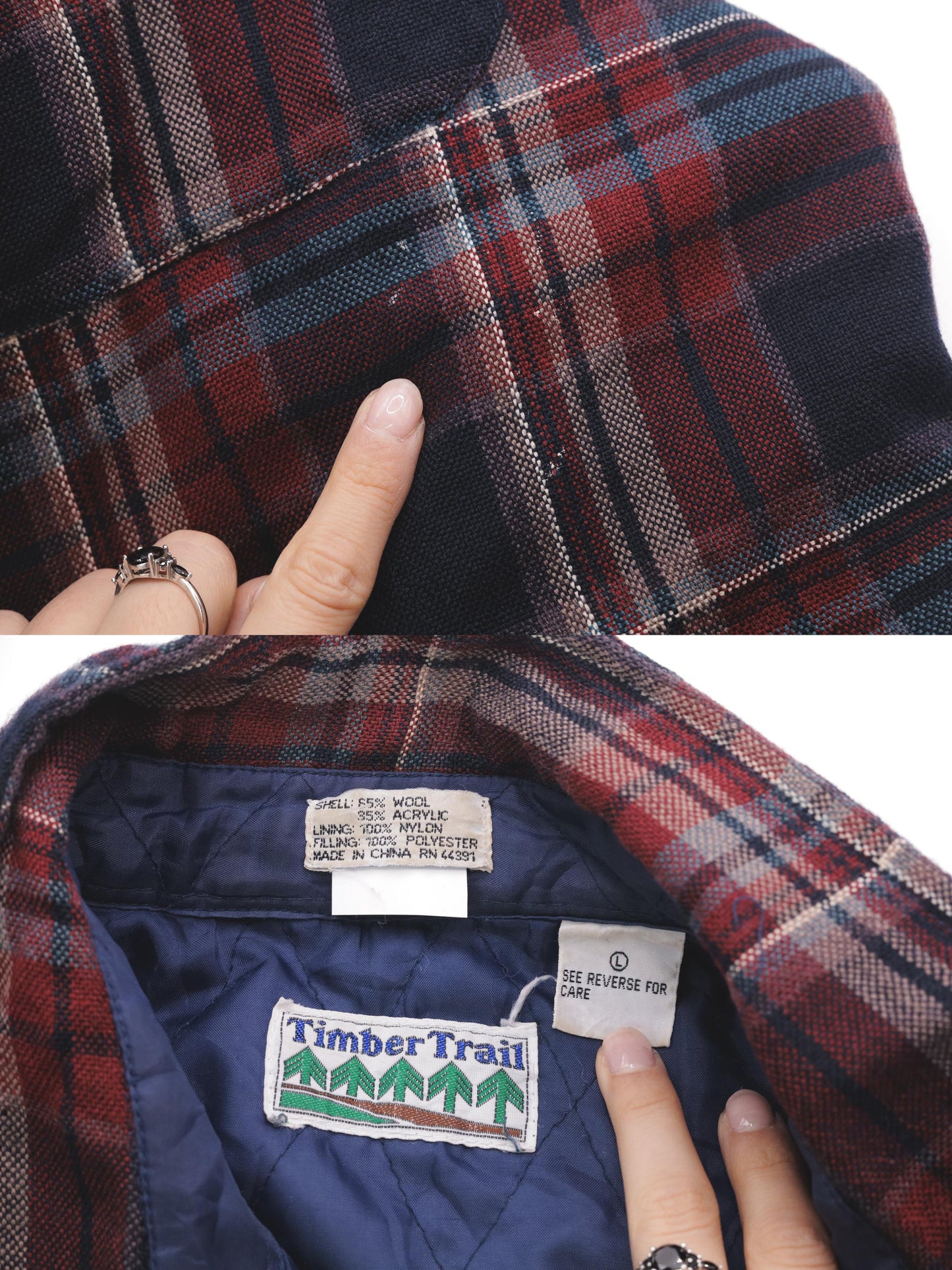 80s TimberTrail Wool Plaid Shirt Quilted Lining Red Navy Button Up Large L