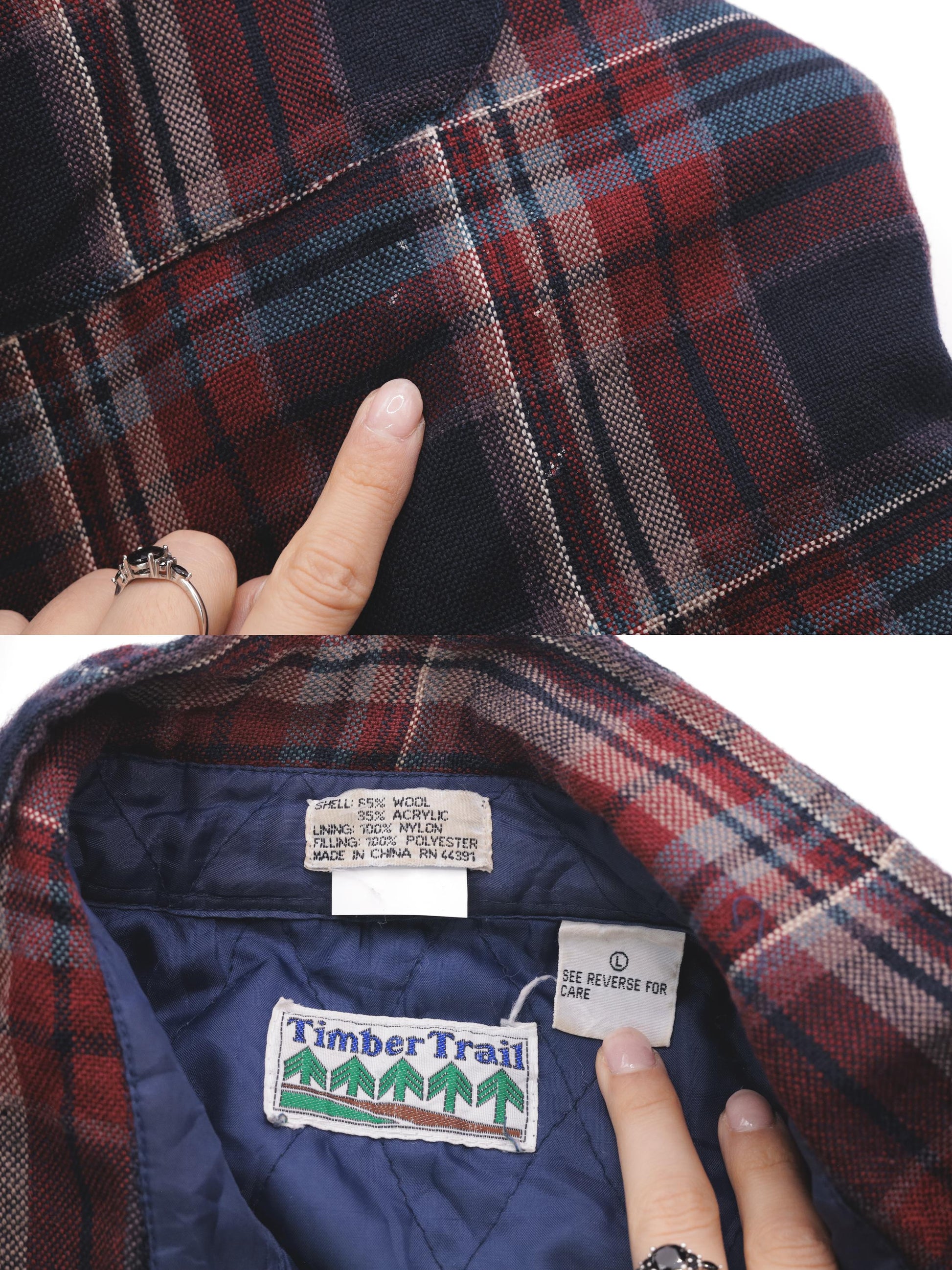 80s TimberTrail Wool Plaid Shirt Quilted Lining Red Navy Button Up Large L