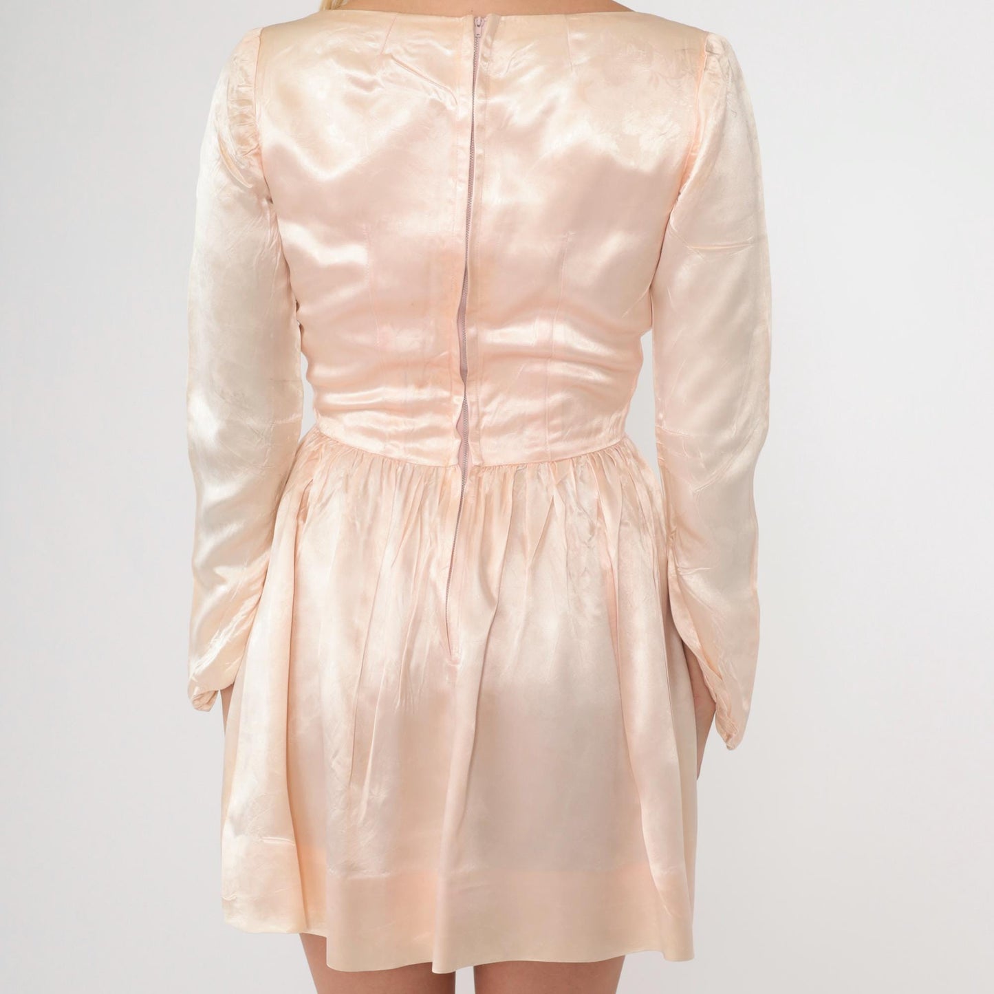 60s Baby Pink Silk Jacquard Floral Mini Dress Long Sleeve V Neck Extra Small