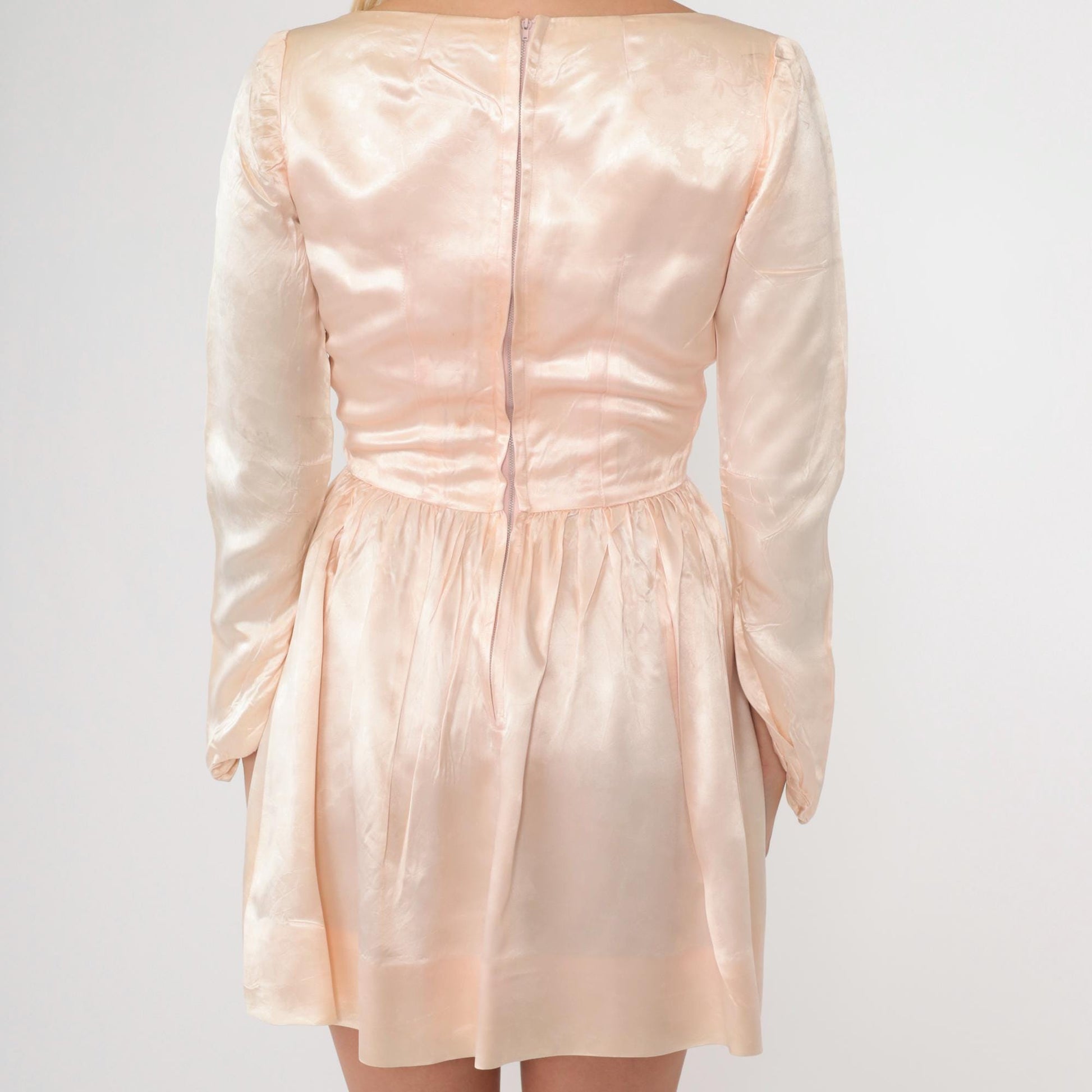 60s Baby Pink Silk Jacquard Floral Mini Dress Long Sleeve V Neck Extra Small