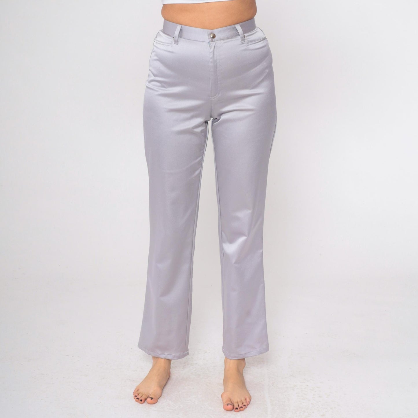 90s Forenza Silver Satin High-Waist Straight-Leg Trousers Small