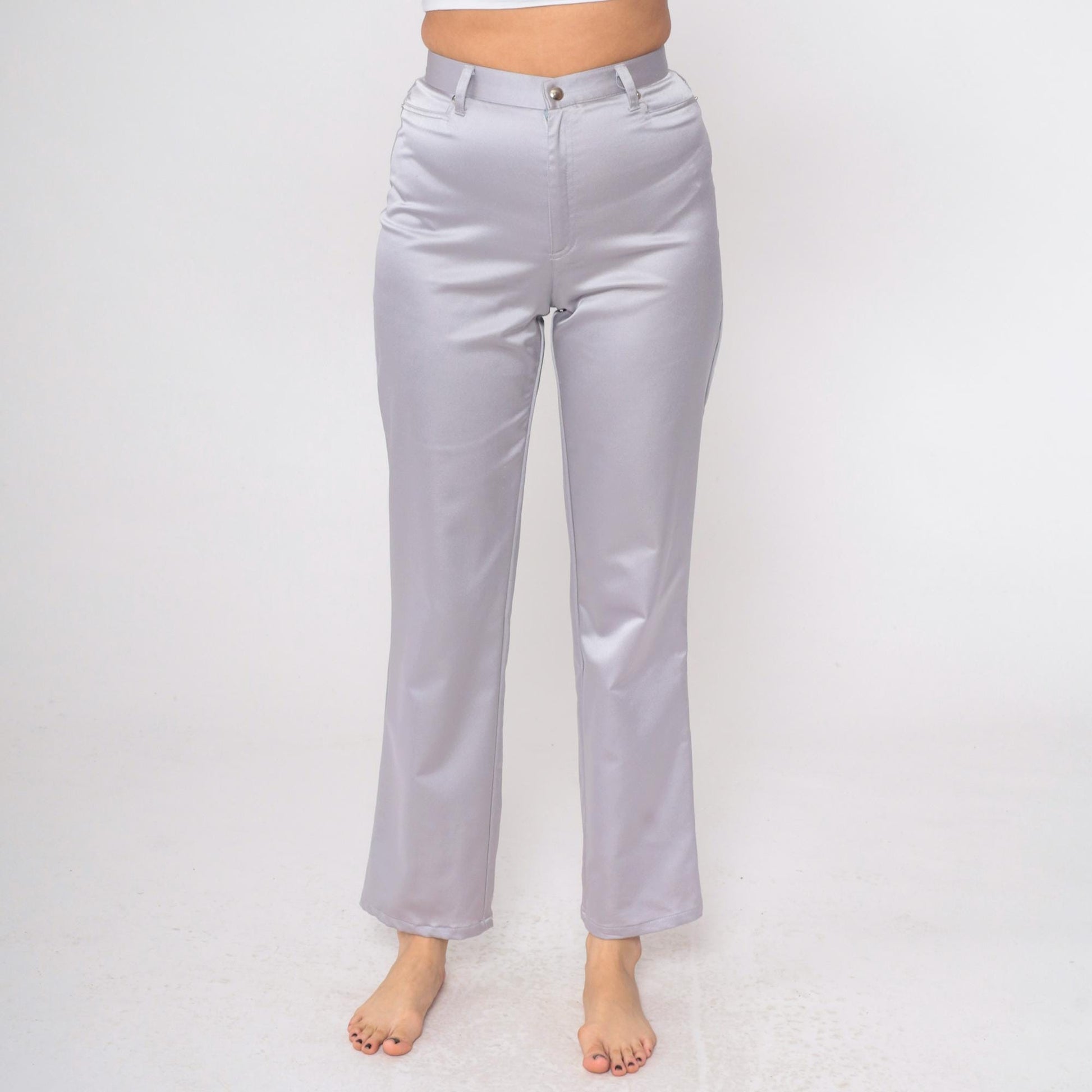90s Forenza Silver Satin High-Waist Straight-Leg Trousers Small
