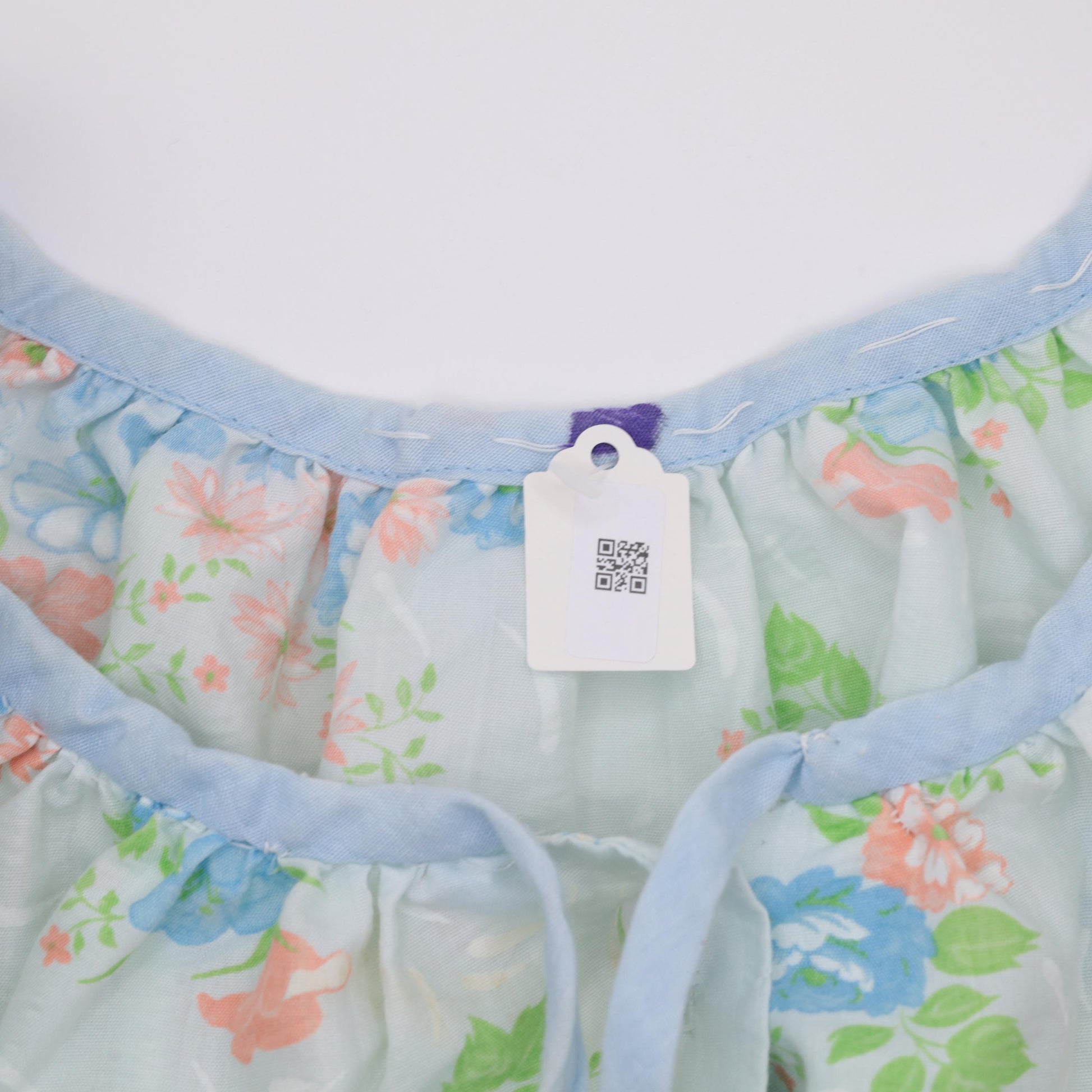70s Floral Midi Lounge Dress Button-Up Short Sleeve Blue Peach Print Medium M