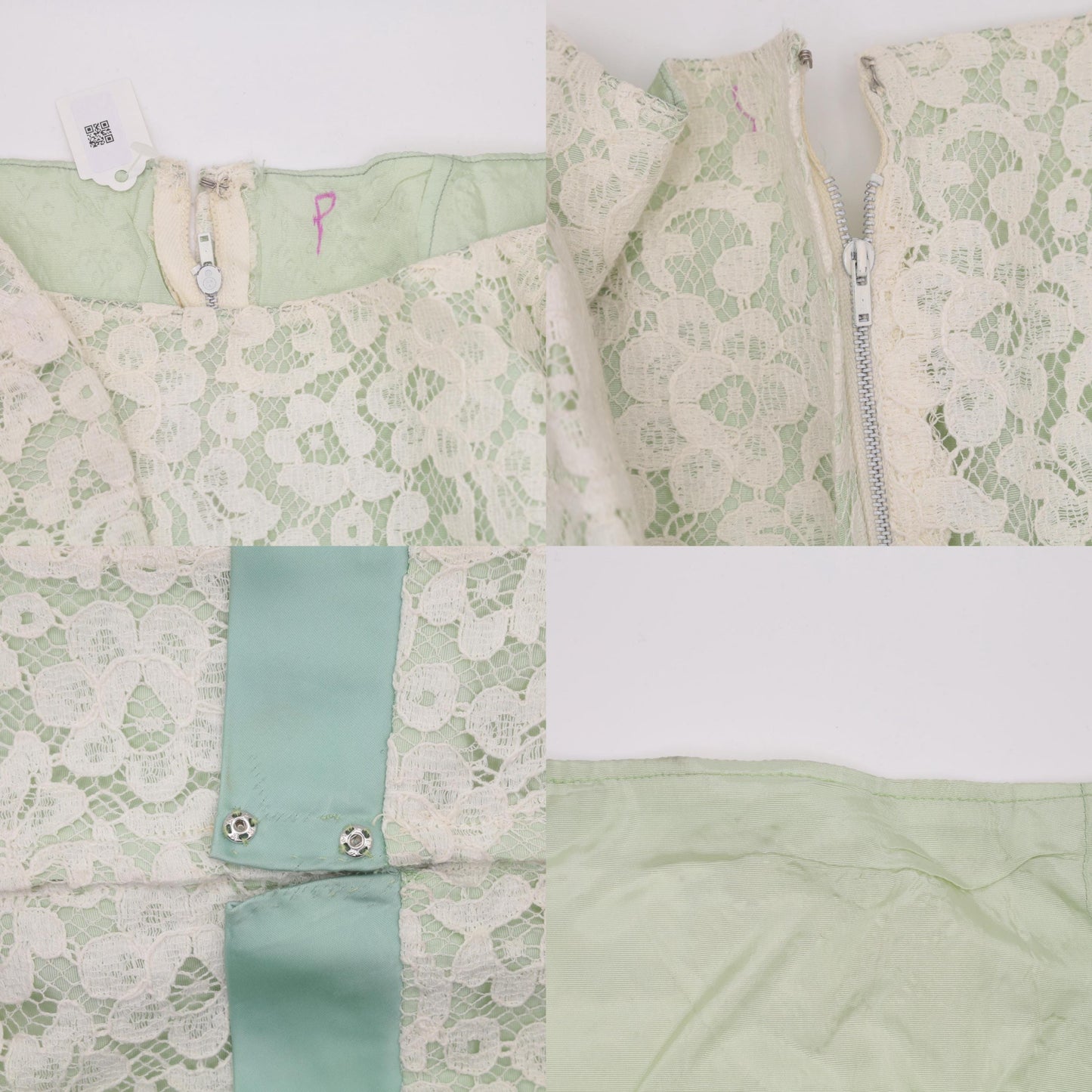 60s White Lace Maxi Dress Empire Waist Green Ribbon Short Sleeve Extra Small XS