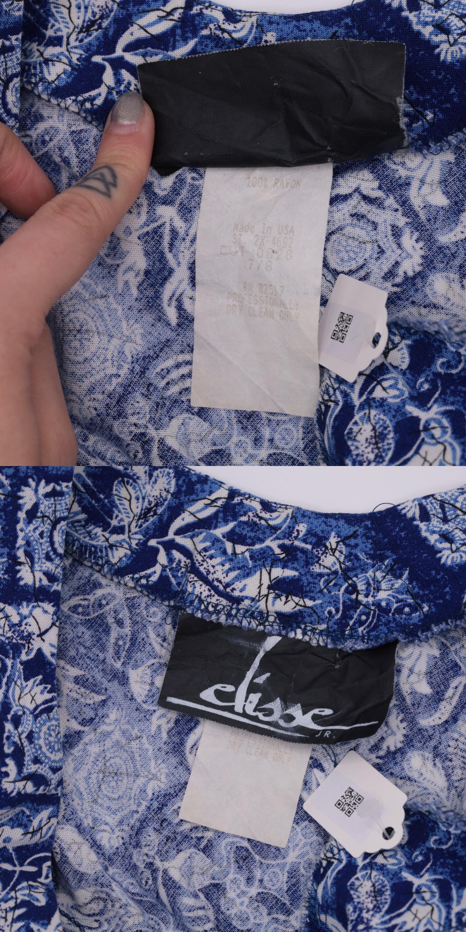 90s Floral Mini Dress Blue Abstract Butterfly Bird Print Wrap Tie Rayon Extra Small