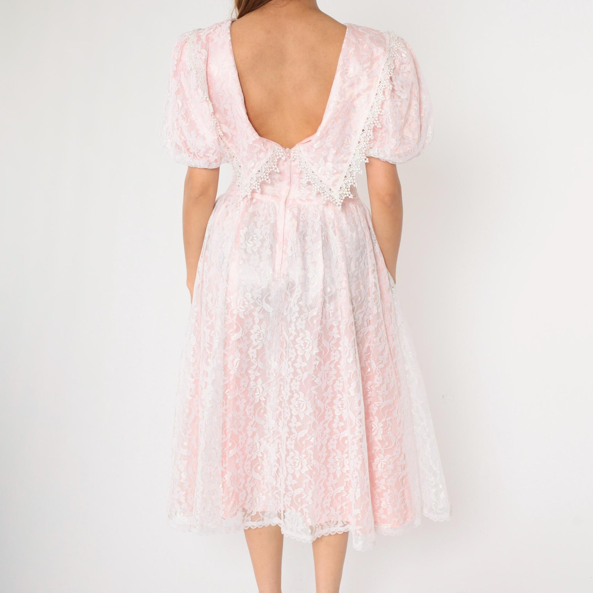 80s Gunne Sax Pink Lace Puff Sleeve Midi Dress White Overlay Small