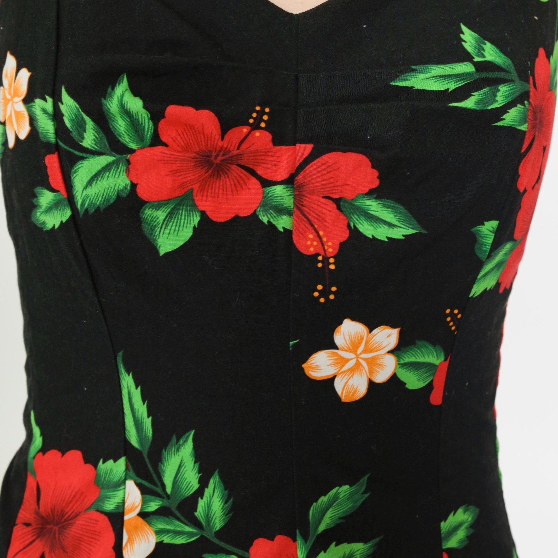 90s Hawaiian Floral Mini Dress Black Sweetheart Smocked Sundress Small S