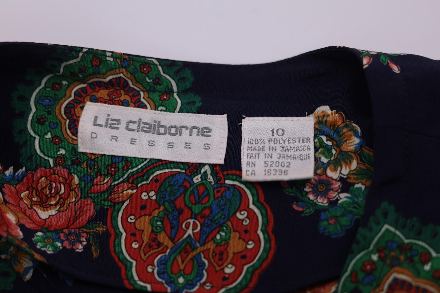 90s Liz Claiborne Paisley Floral Midi Dress Dark Blue High-Waisted Long Sleeve Large