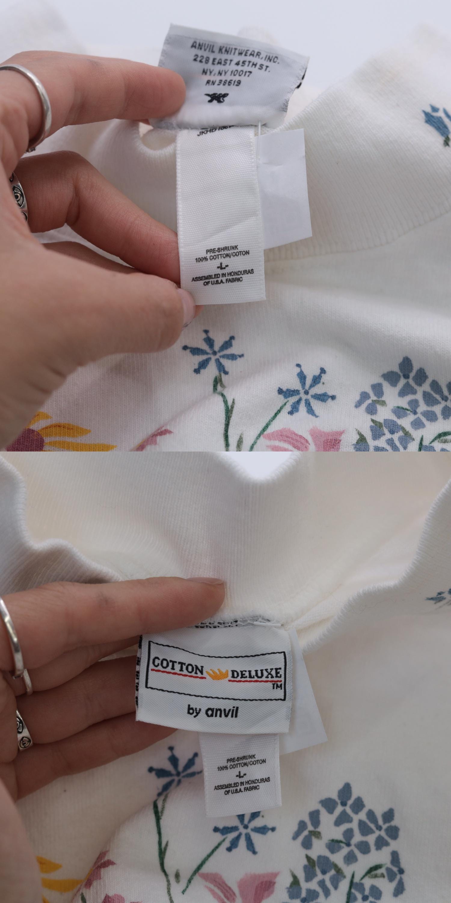 Y2K Wildflower Graphic Mock Neck Long Sleeve Tee White Cotton Large L