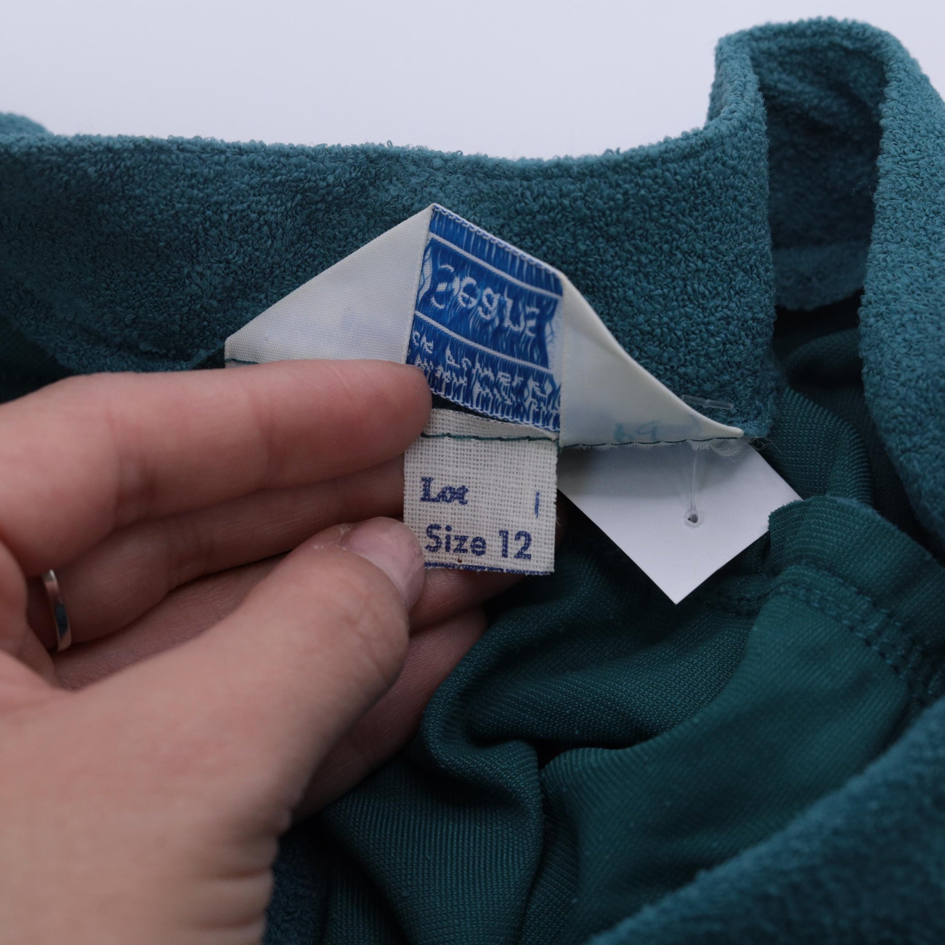 80s Teal Terry Cloth Midi Dress Mandarin Collar High Waist Long Sleeve Small