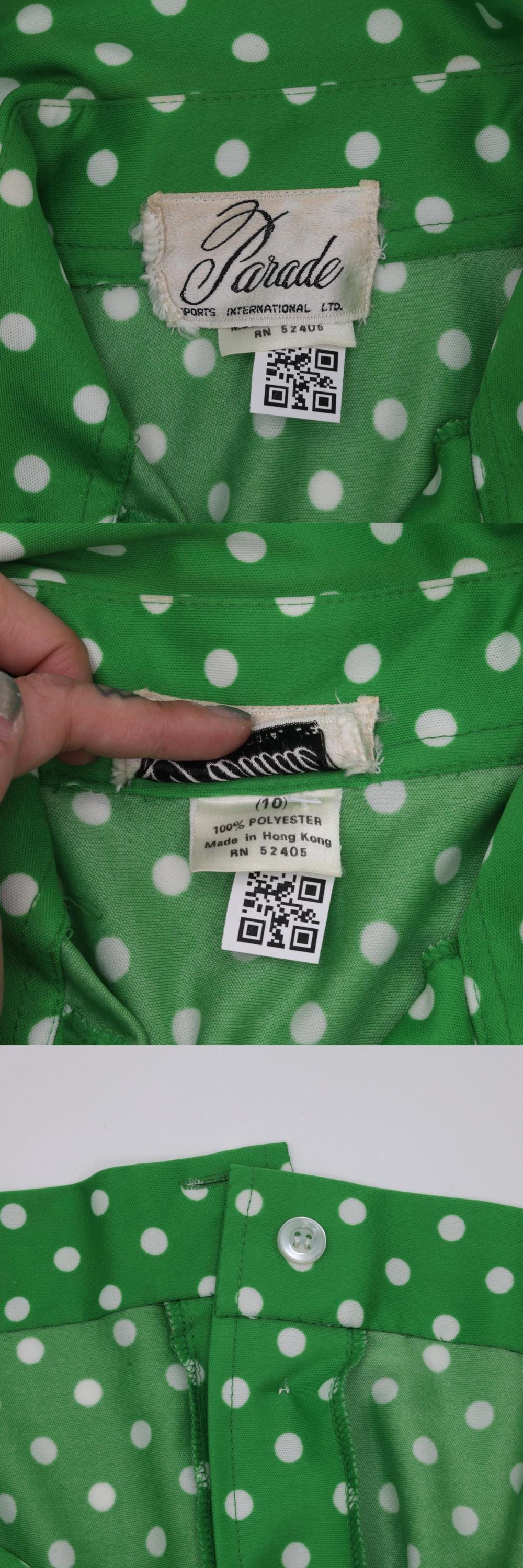 70s Green Polka Dot Shirtdress Midi Button-Up Dagger Collar Small S