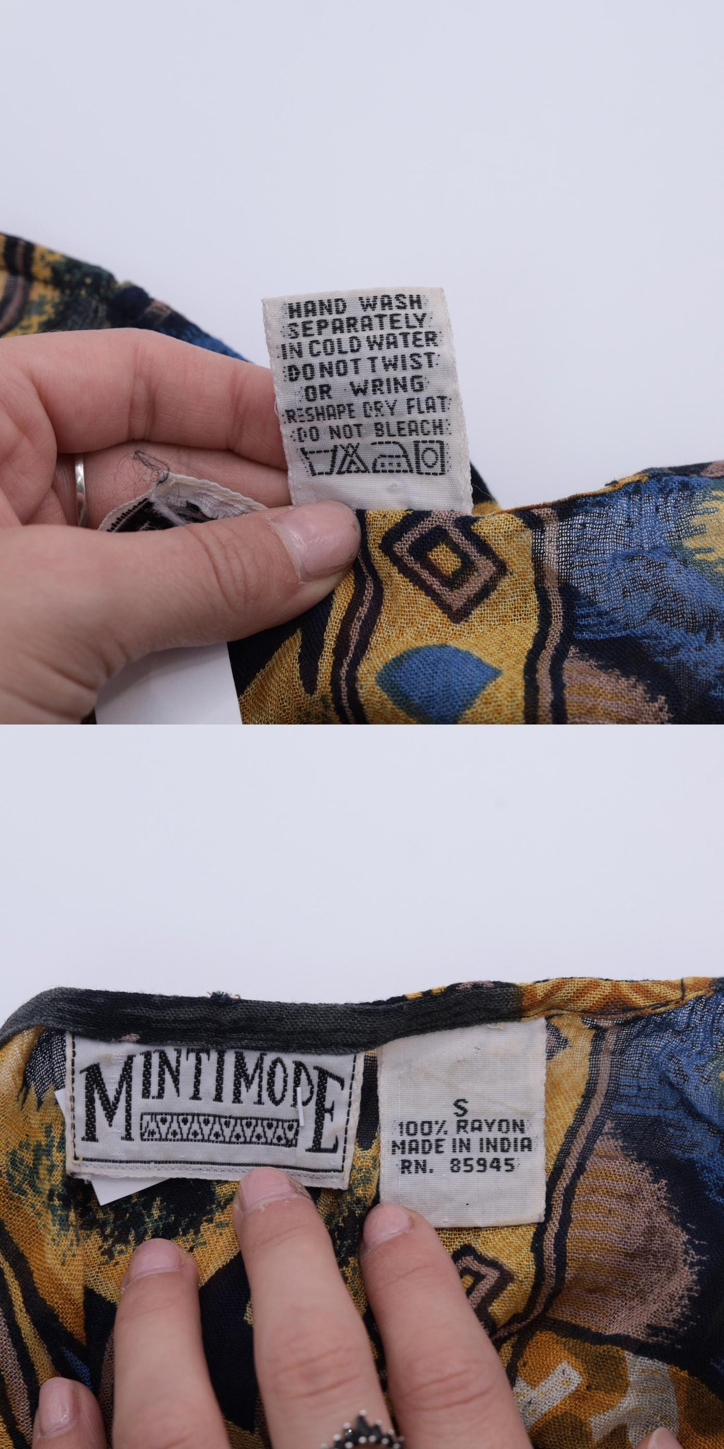 90s MintMode Geometric Horse Print Midi Dress Button Front Yellow Blue Small S