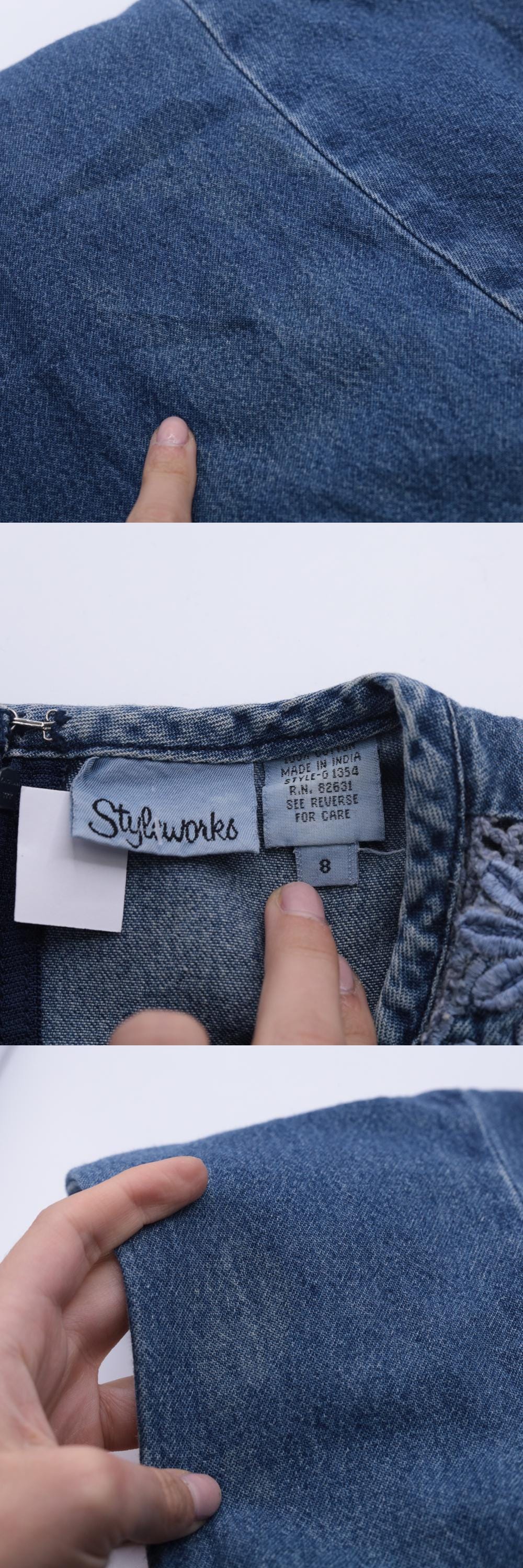 90s Styleworks Denim Dress Floral Appliqué Mesh Neckline Maxi Small