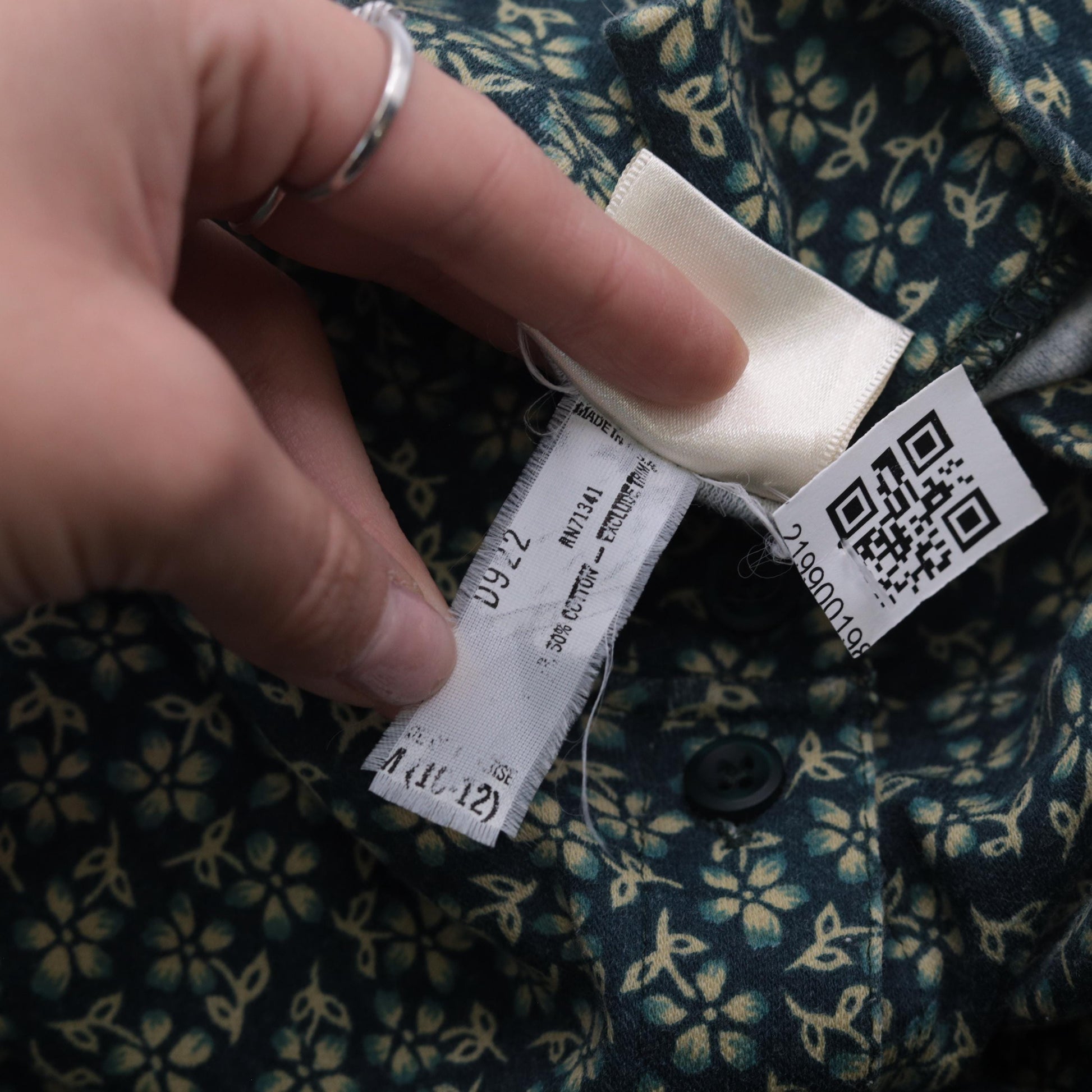 90s L.L. Bean Floral Midi Shirt Dress Green Button-Up Long Sleeve Medium
