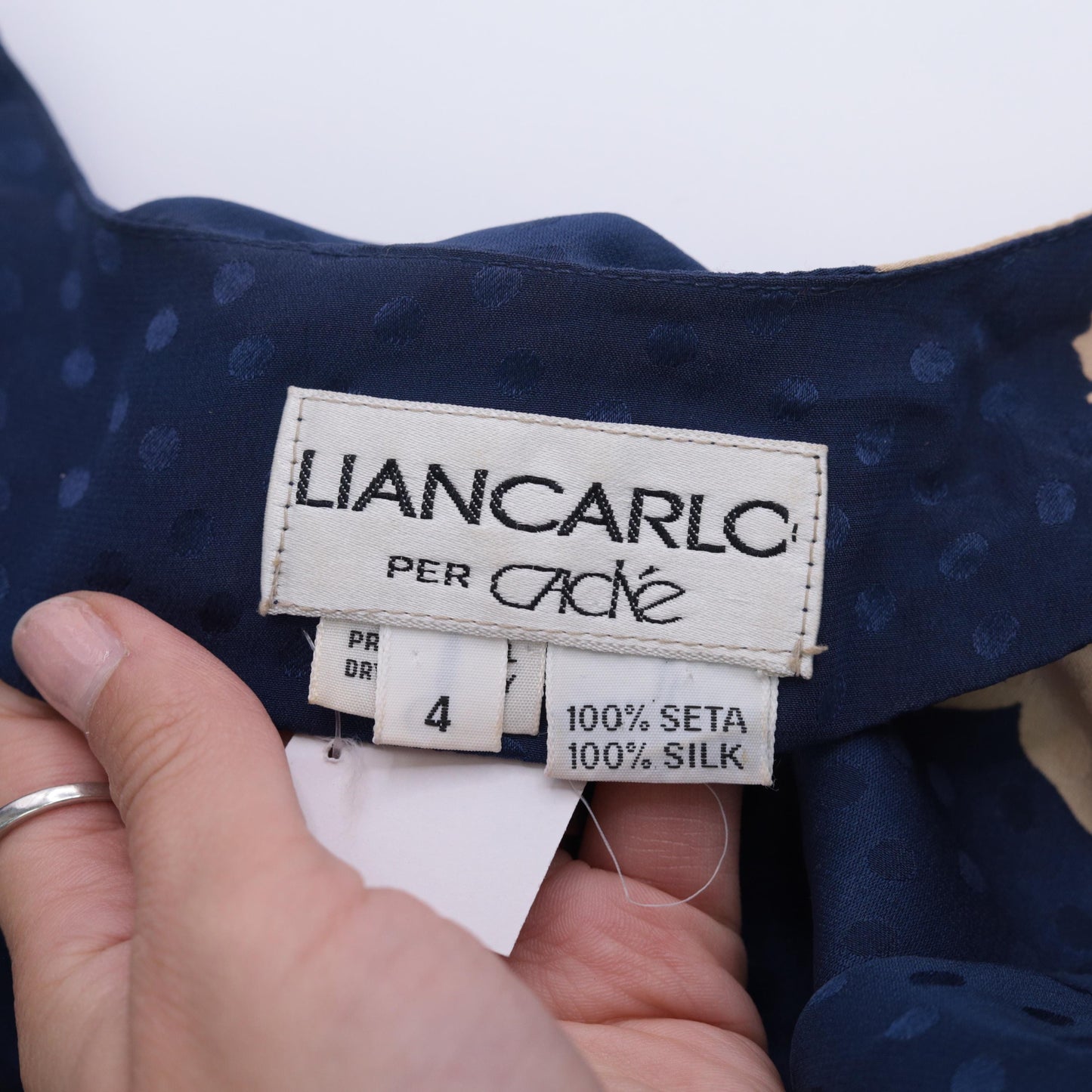 80s Liancarlo Per Cache Silk Midi Dress Navy Floral Peplum Small 4