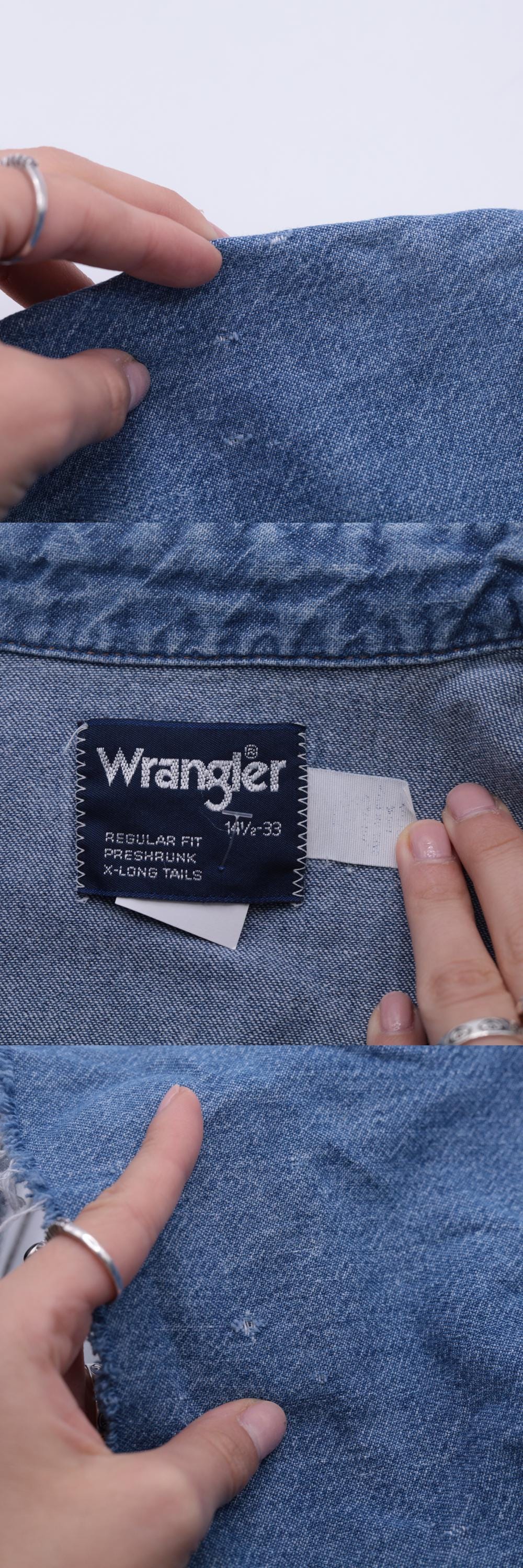 90s Wrangler Blue Denim Western Shirt Pearl Snap Cutoff Sleeves Small