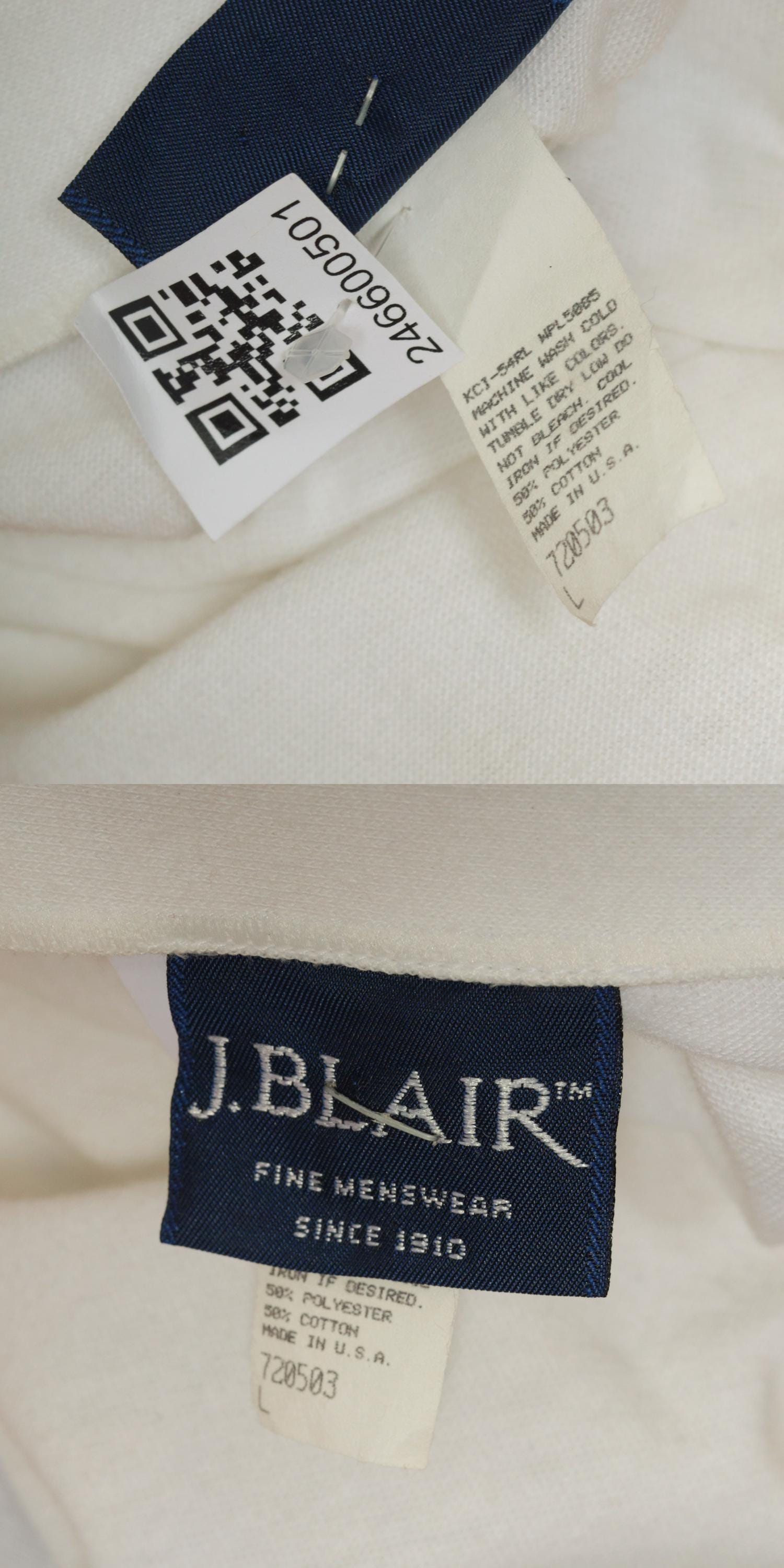 80s J. Blair Striped Polo Shirt White Navy Quarter Button Collared Large L