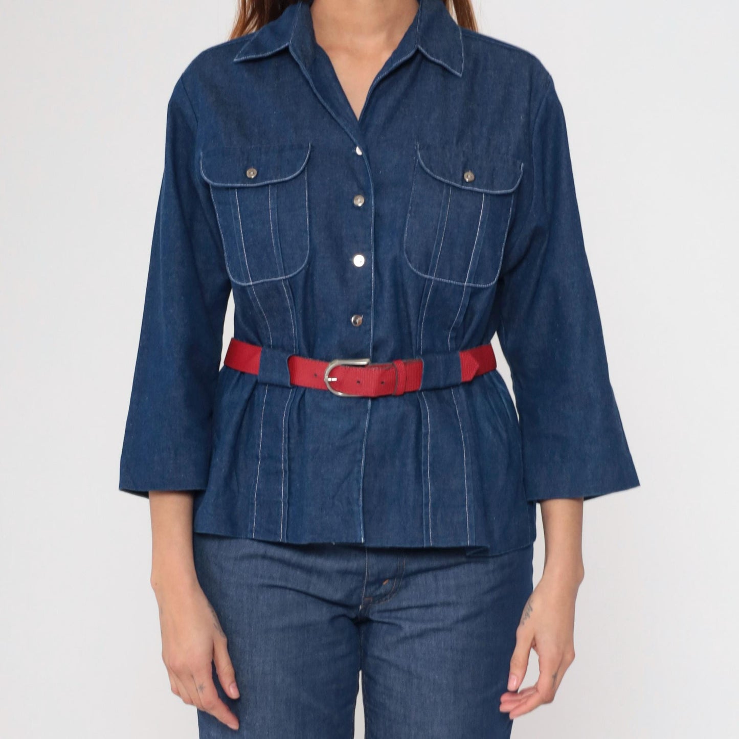 80s Willi of California Chambray Blouse Button-Up Pointed Collar Blue Medium