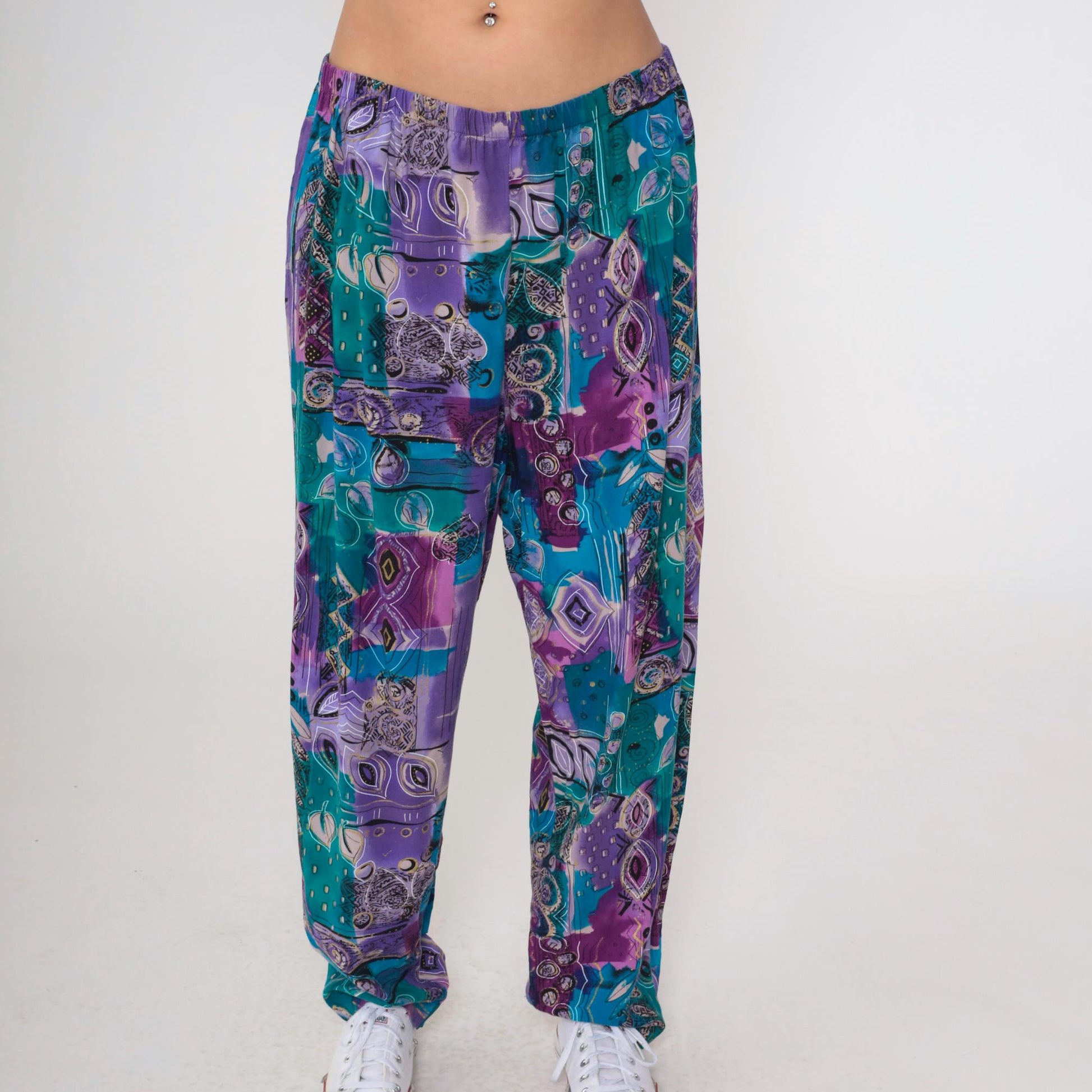 90s Fritzi Plus Sports Parachute Pants Geometric Leaf Print Purple Green Gold Trim 1X