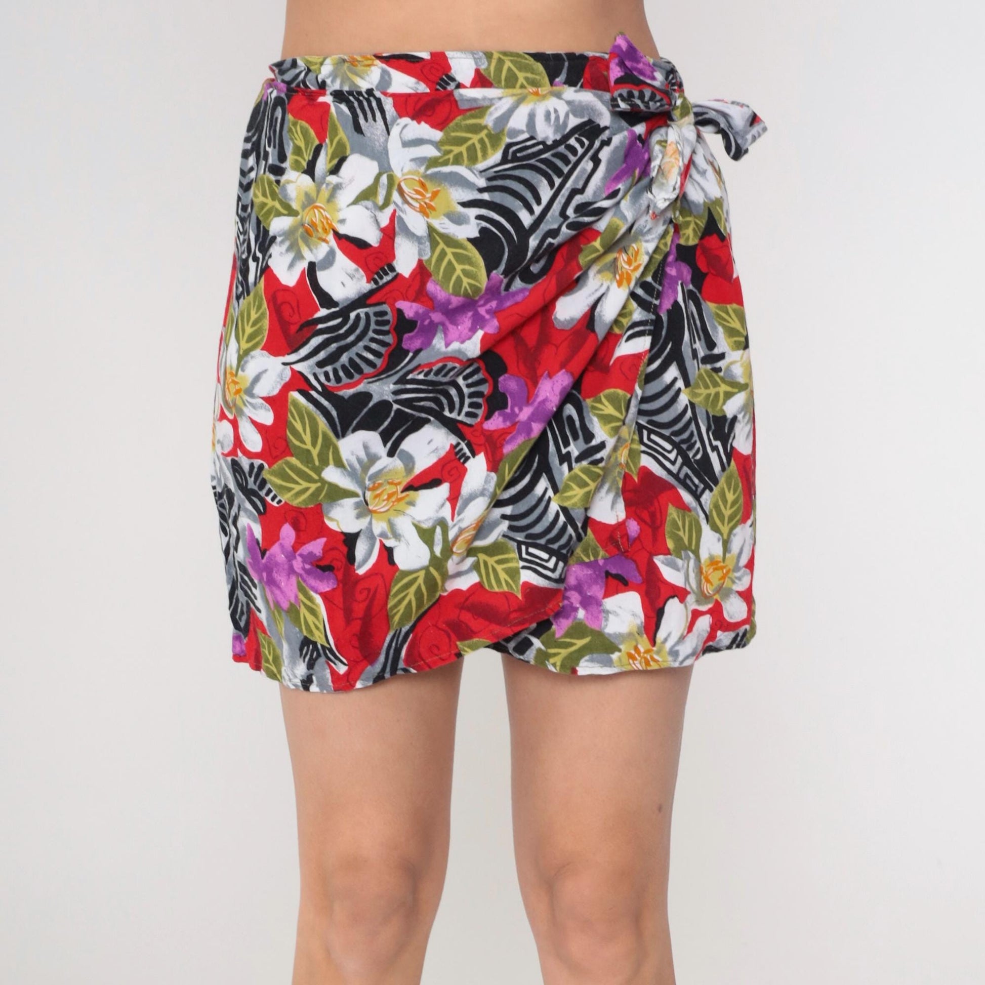90s Tropical Floral Mini Skirt High Waist Faux Wrap Red Black White Small Medium