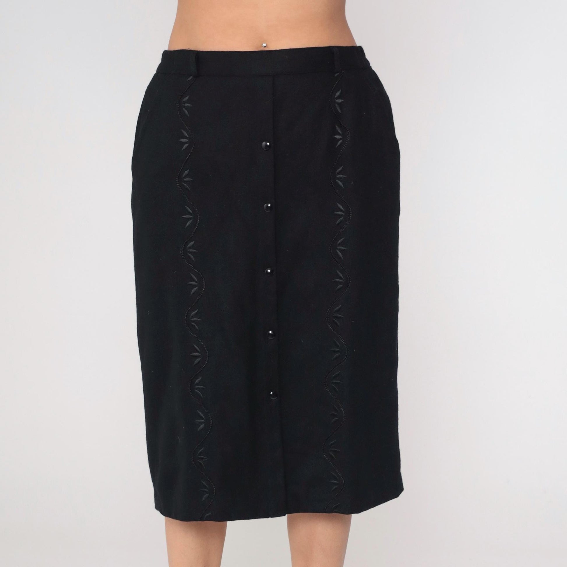 90s Black Floral Embroidered Button-Up Pencil Skirt Knee Length Medium