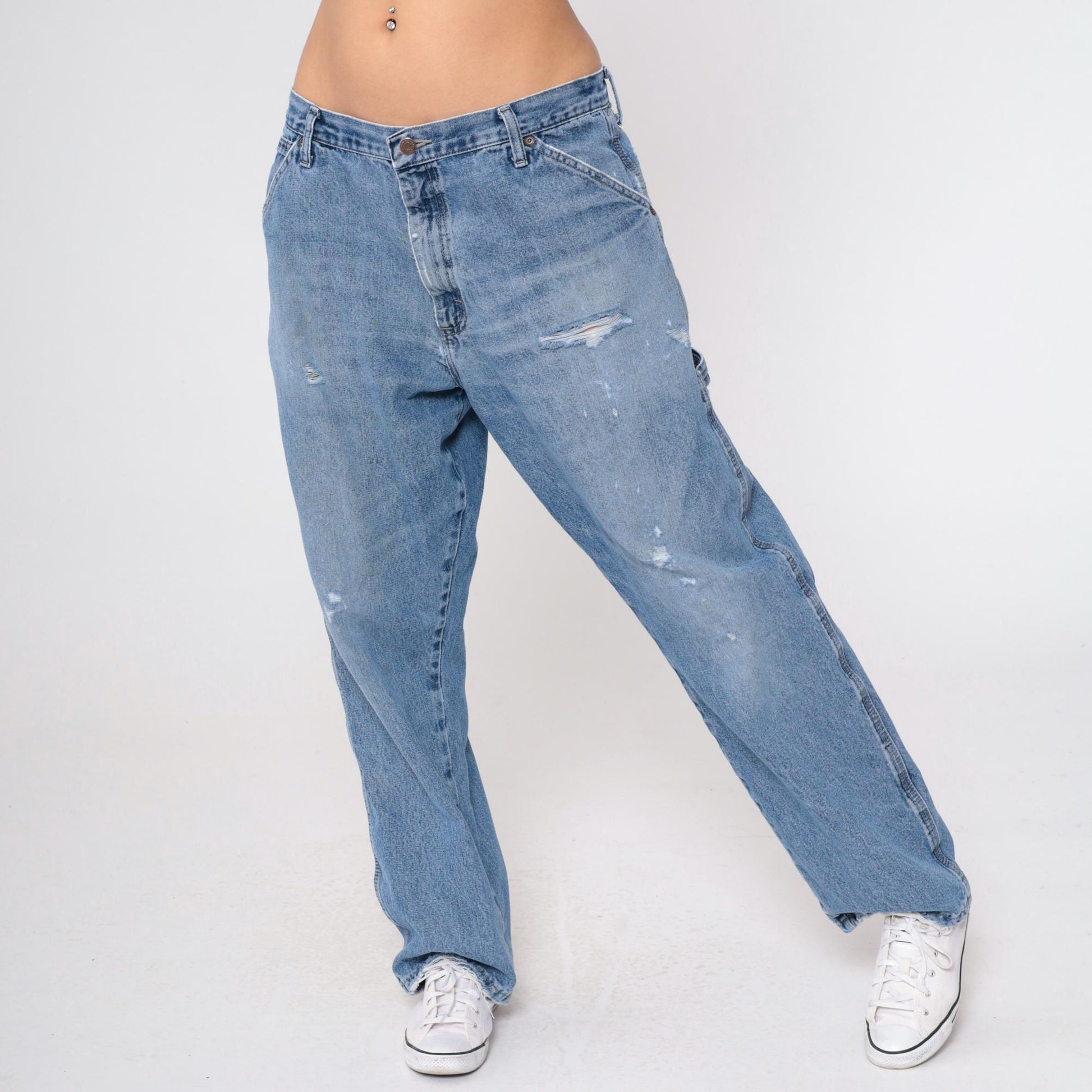 00s Wrangler Y2K High Rise Straight Leg Jeans Hammer Loop Faded Blue 36x30
