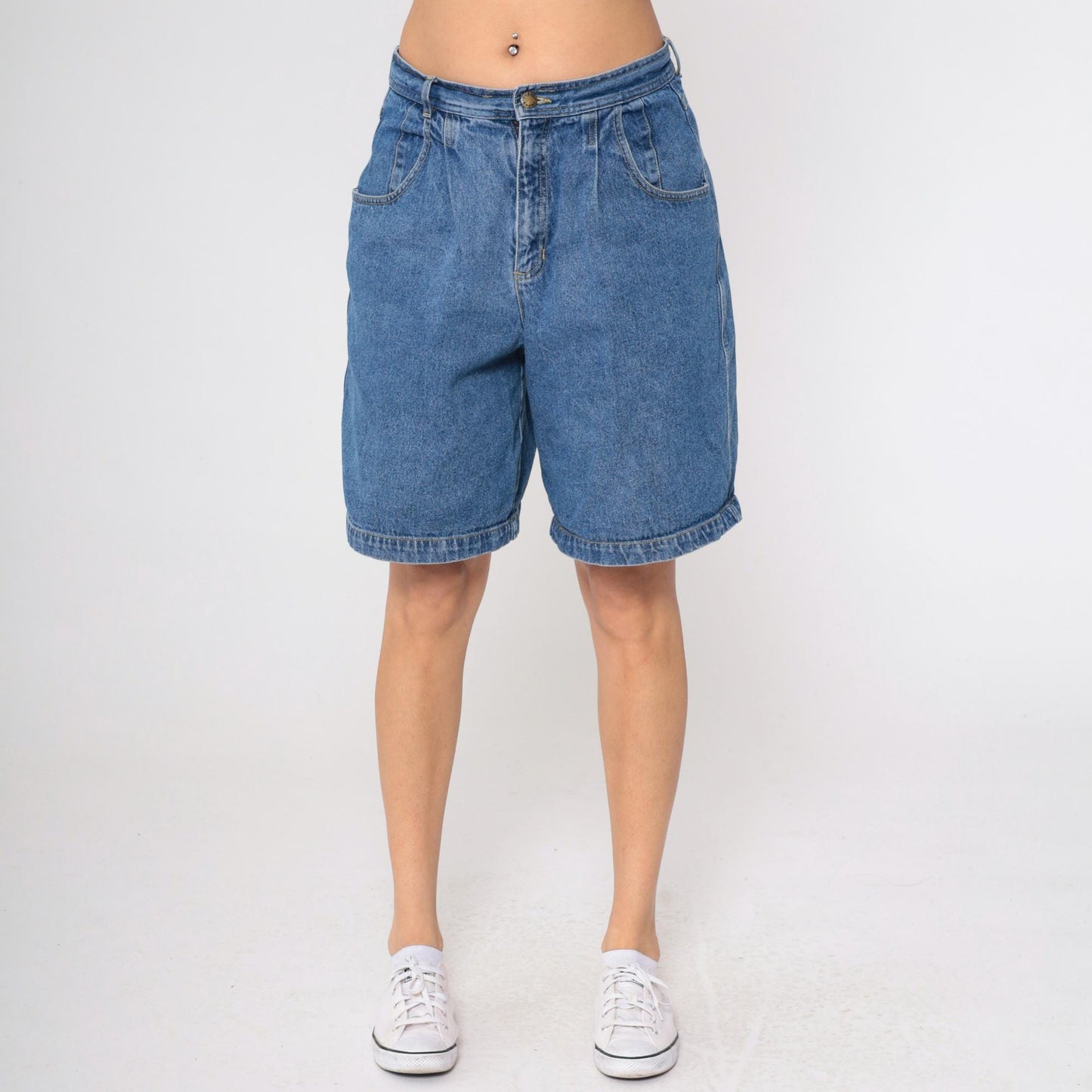 90s Claus Sports High Waisted Pleated Denim Shorts Blue Large