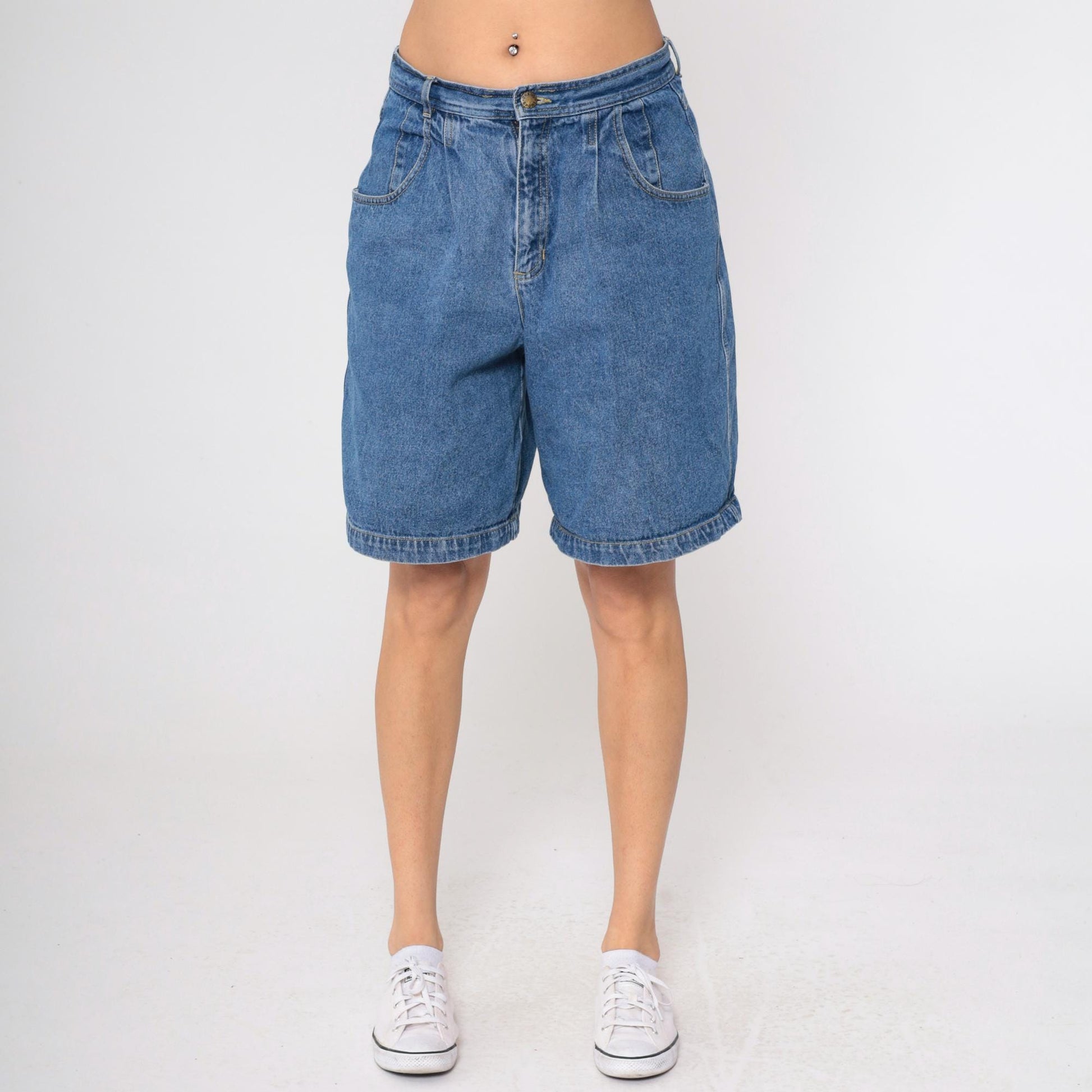 90s Claus Sports High Waisted Pleated Denim Shorts Blue Large