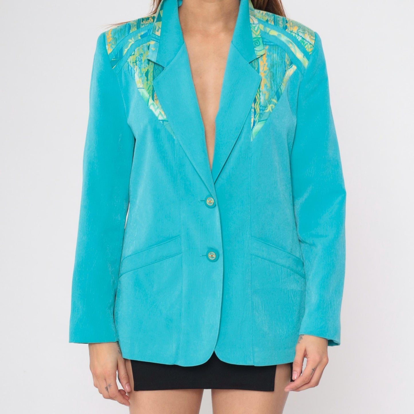 90s Turquoise Geometric Blazer V-Neck Button Jacket Small 6