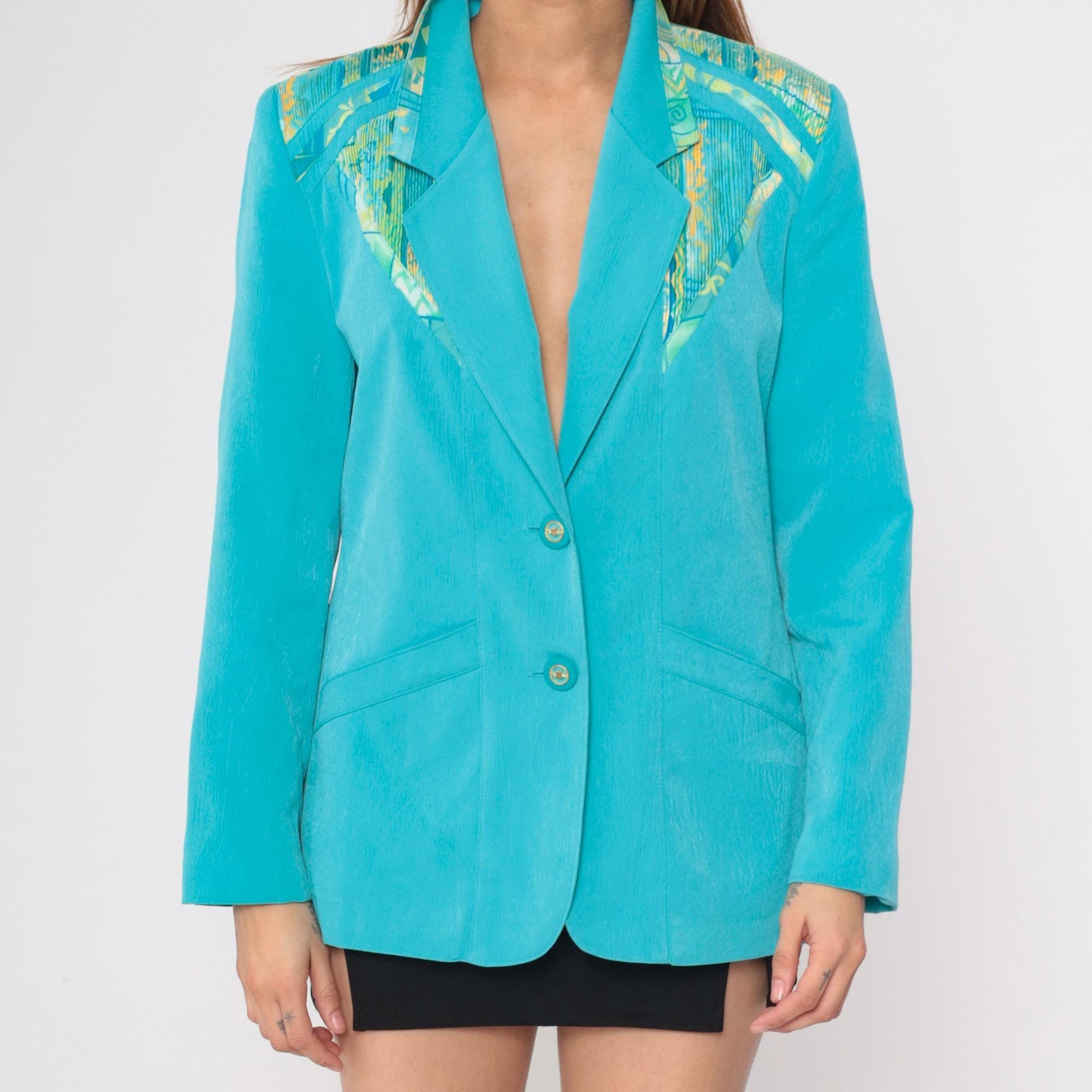 90s Turquoise Geometric Blazer V-Neck Button Jacket Small 6