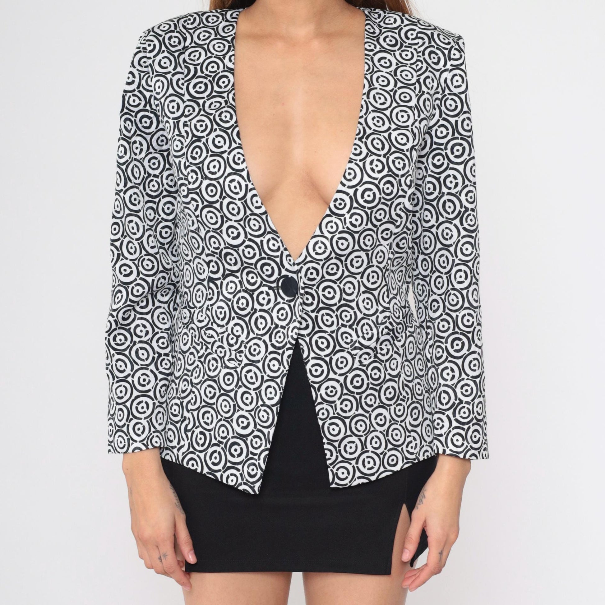90s Geometric Bullseye Blazer Black White Deep V Neck Medium Petite