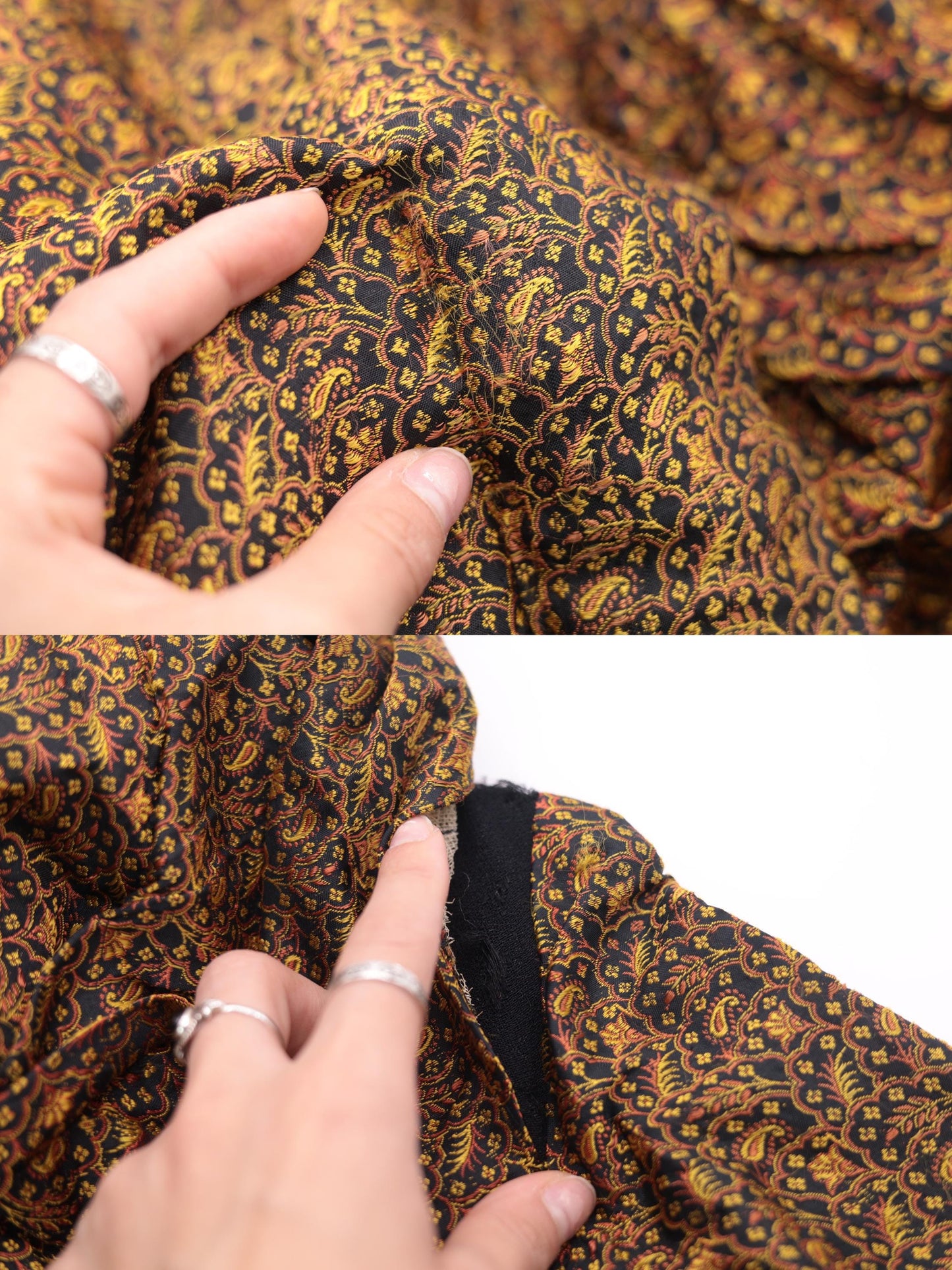 1940s Brocade Maxi Dress Floral Paisley Black Bow Back Long Sleeve Small