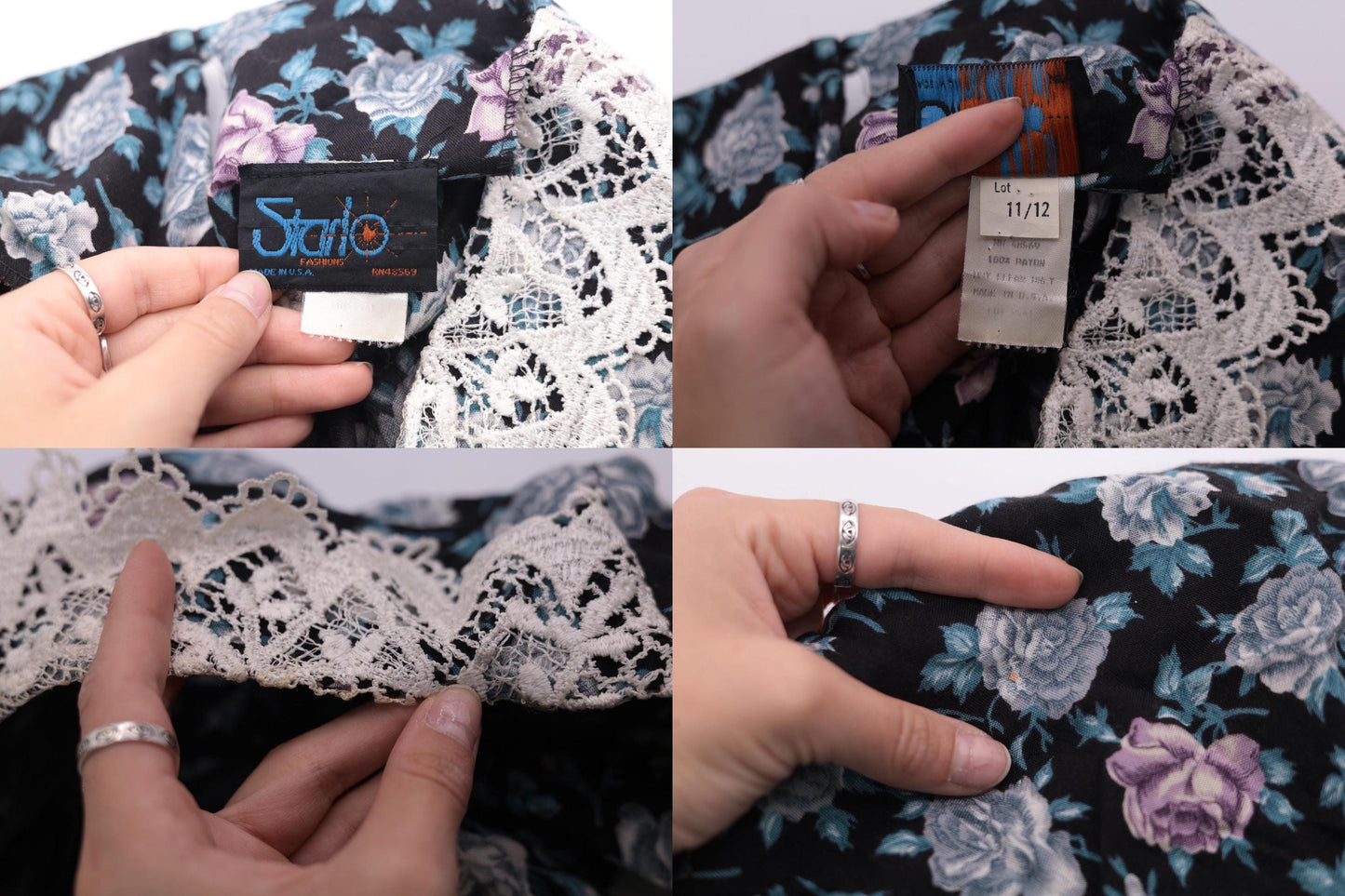 90s Starlo Fashions Floral Midi Dress Lace Collar Puff Sleeve Black Large