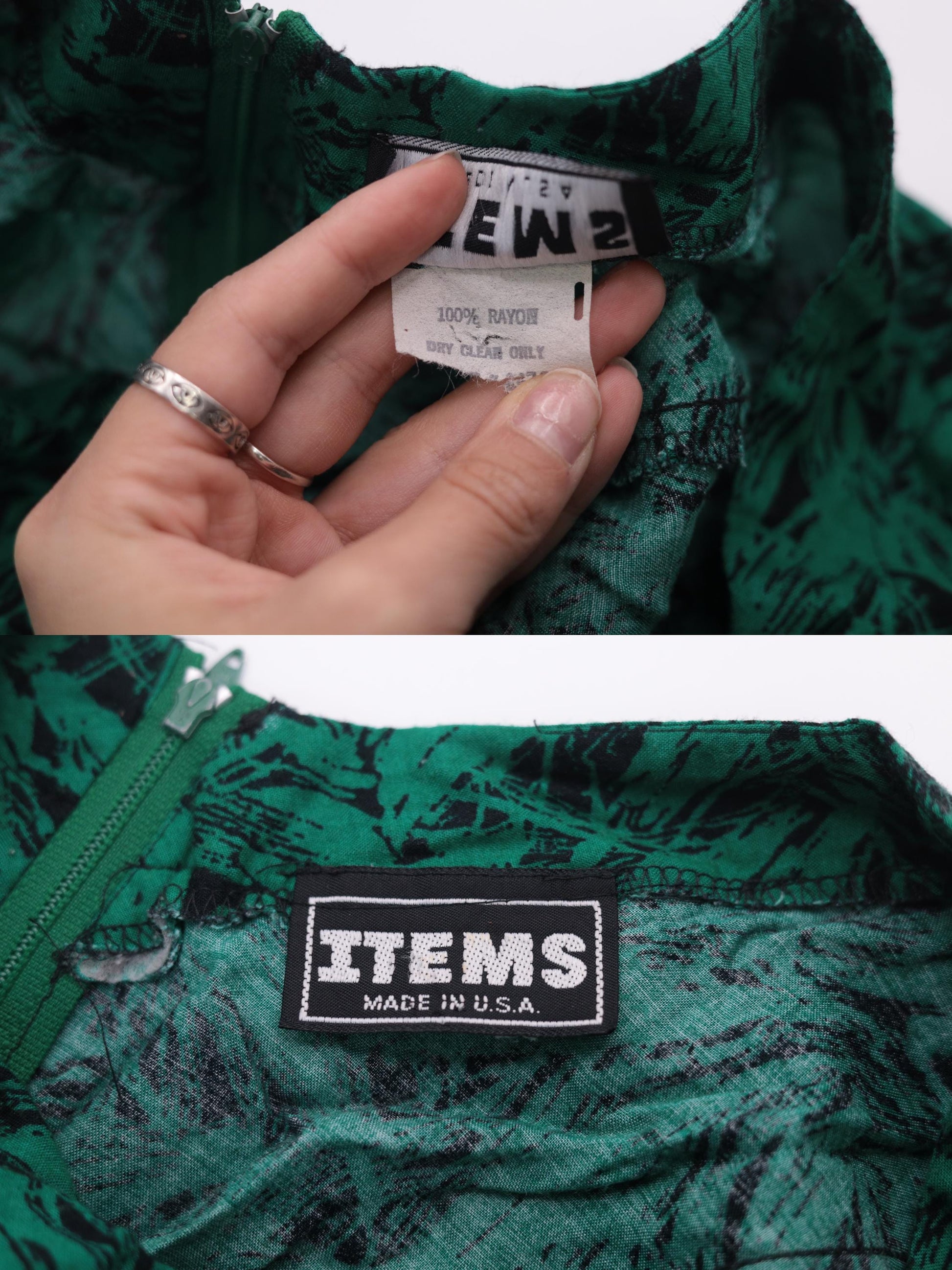 80s Green Abstract Leaf Print Midi Dress Puff Sleeve Drop Waist Small