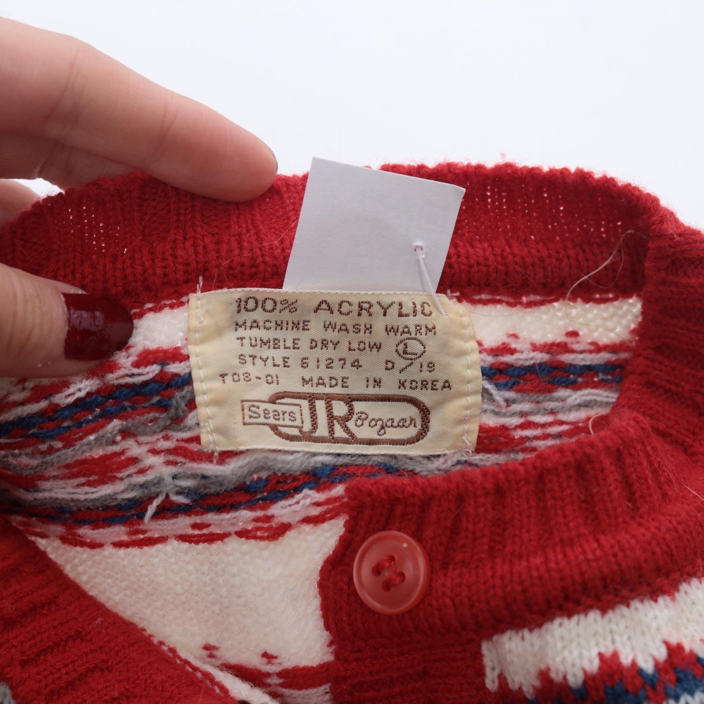 70s Icelandic Geometric Yoke Sweater Red Henley Knit Pullover Extra Small