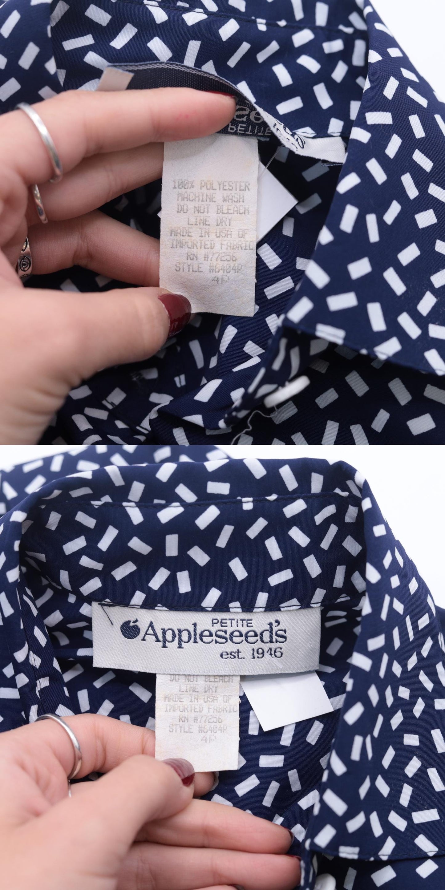 80s Appleseed's Petite Shirtdress Confetti Print Midi Dark Blue White