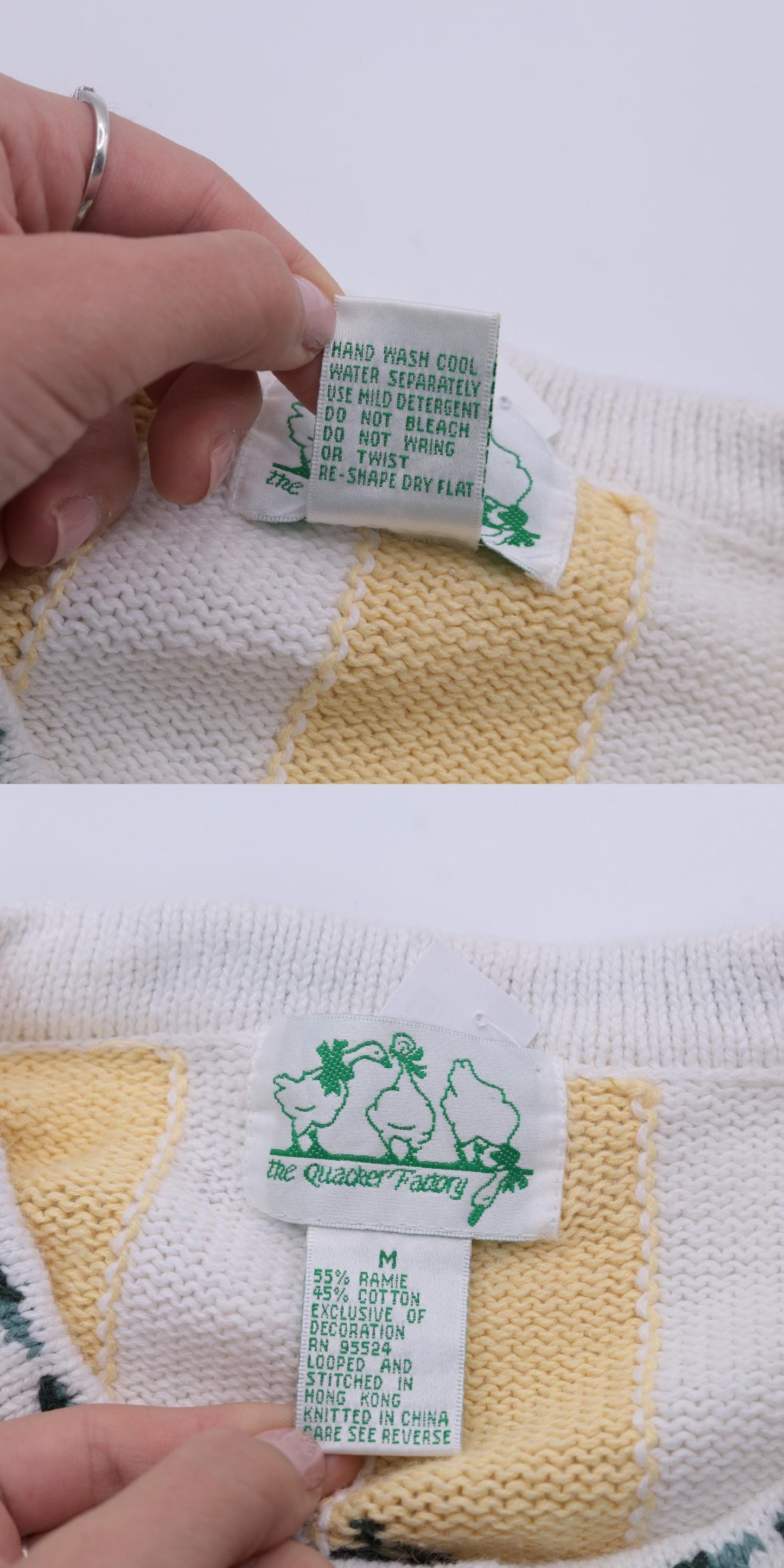 90s Quacker Factory Cardigan Yellow White Striped Topiary Cotton Medium