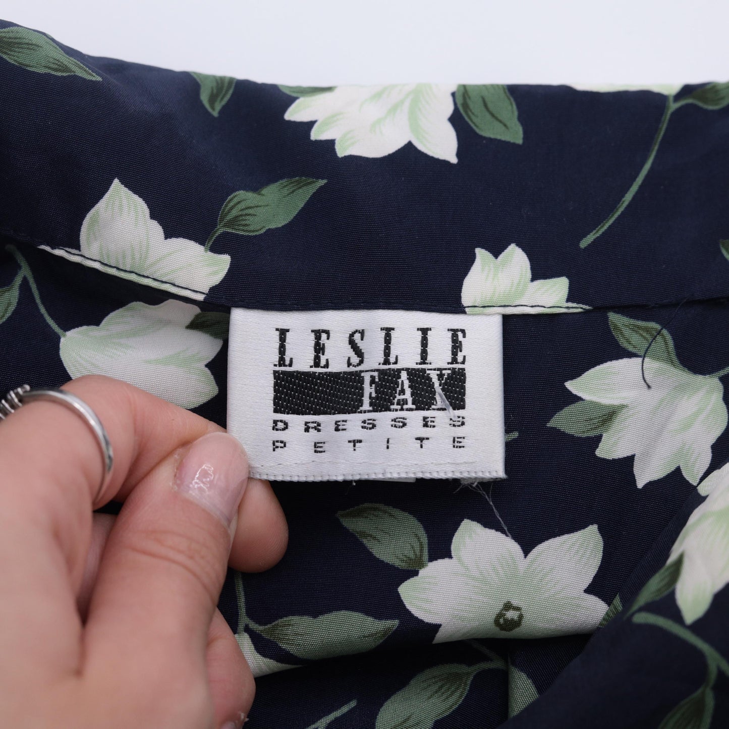 90s Leslie Fay Navy Floral Midi Shirtdress Button-Up Pleated Medium