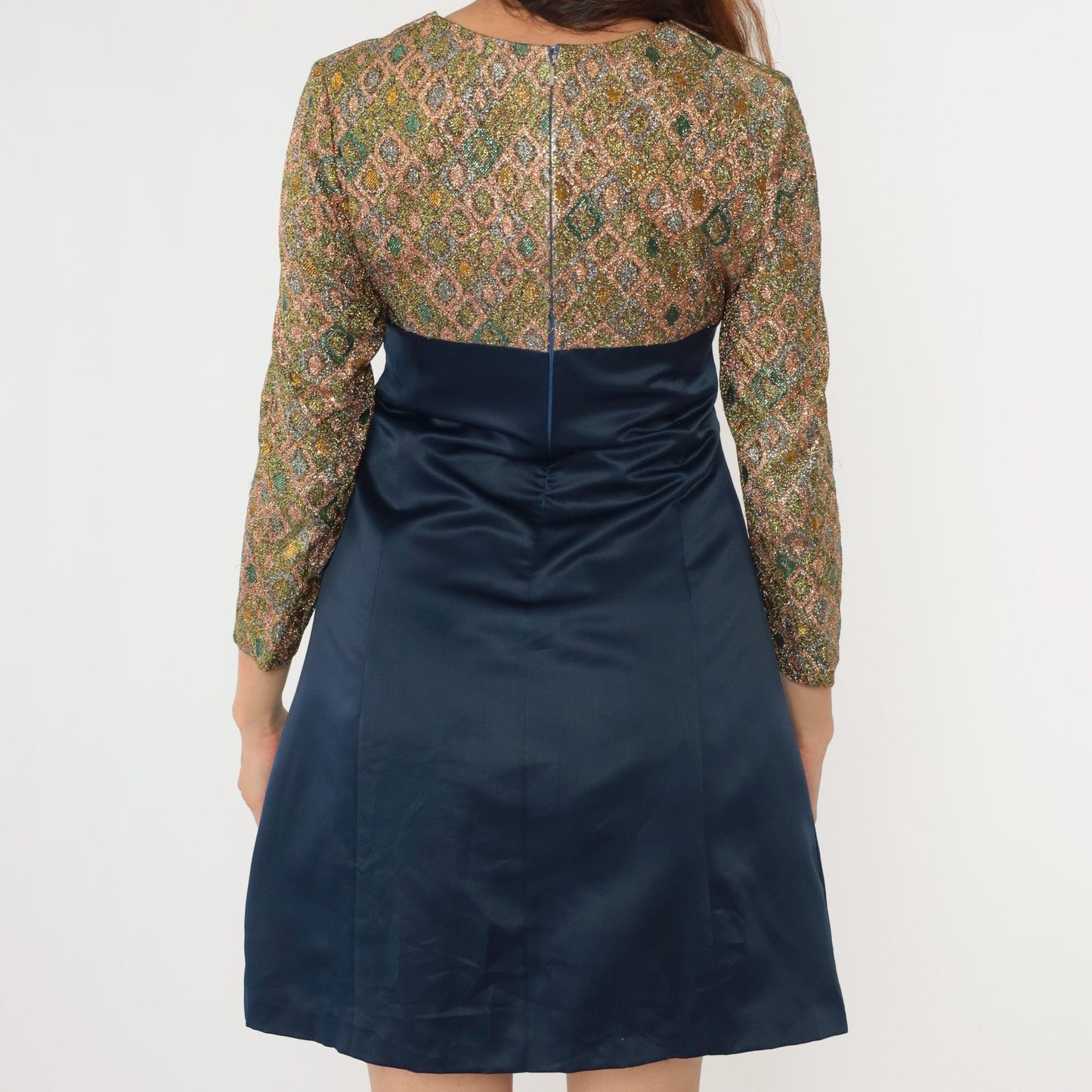 70s Metallic Geometric Bolero Jacket Dress Navy Gold Sheath Small