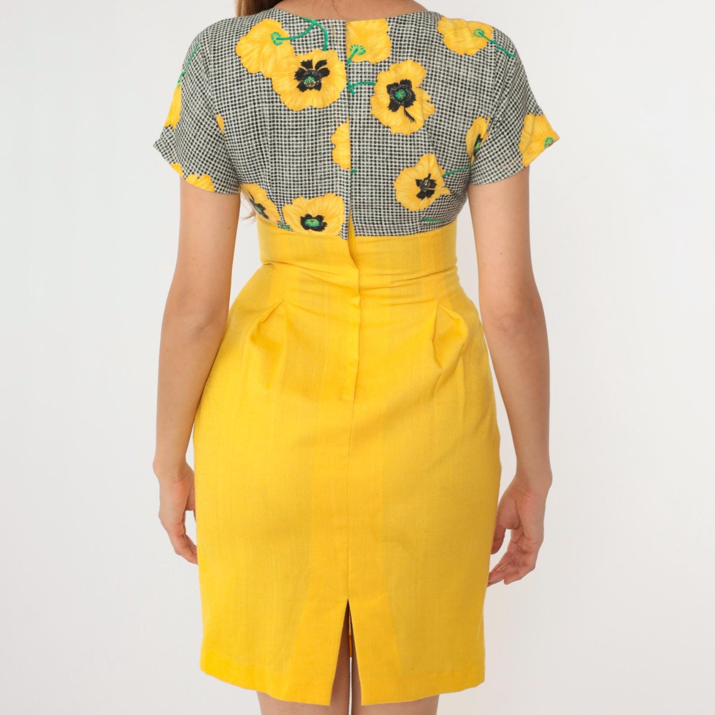 80s Yellow Floral Black Gingham Empire Waist Mini Dress Pleated Small