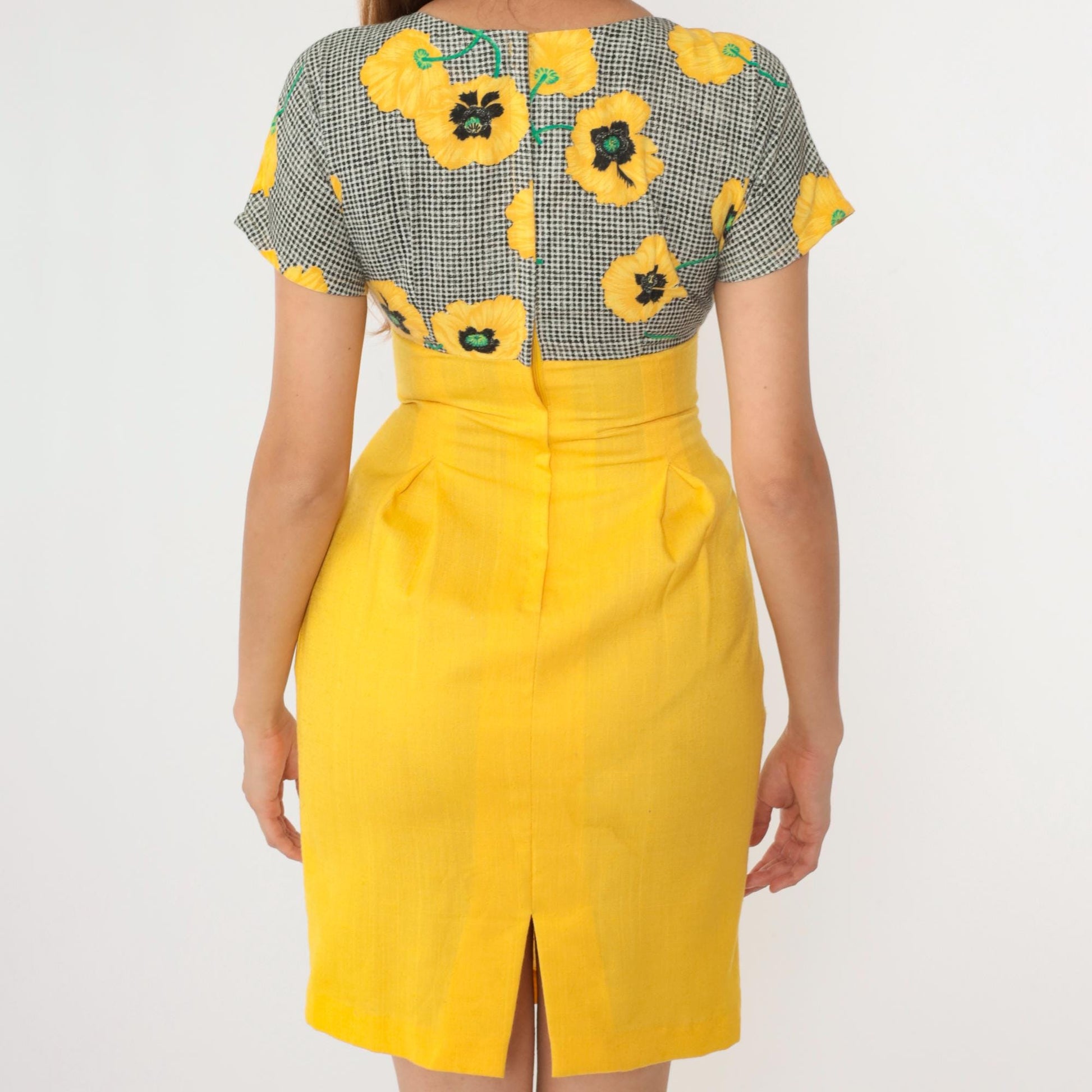 80s Yellow Floral Black Gingham Empire Waist Mini Dress Pleated Small