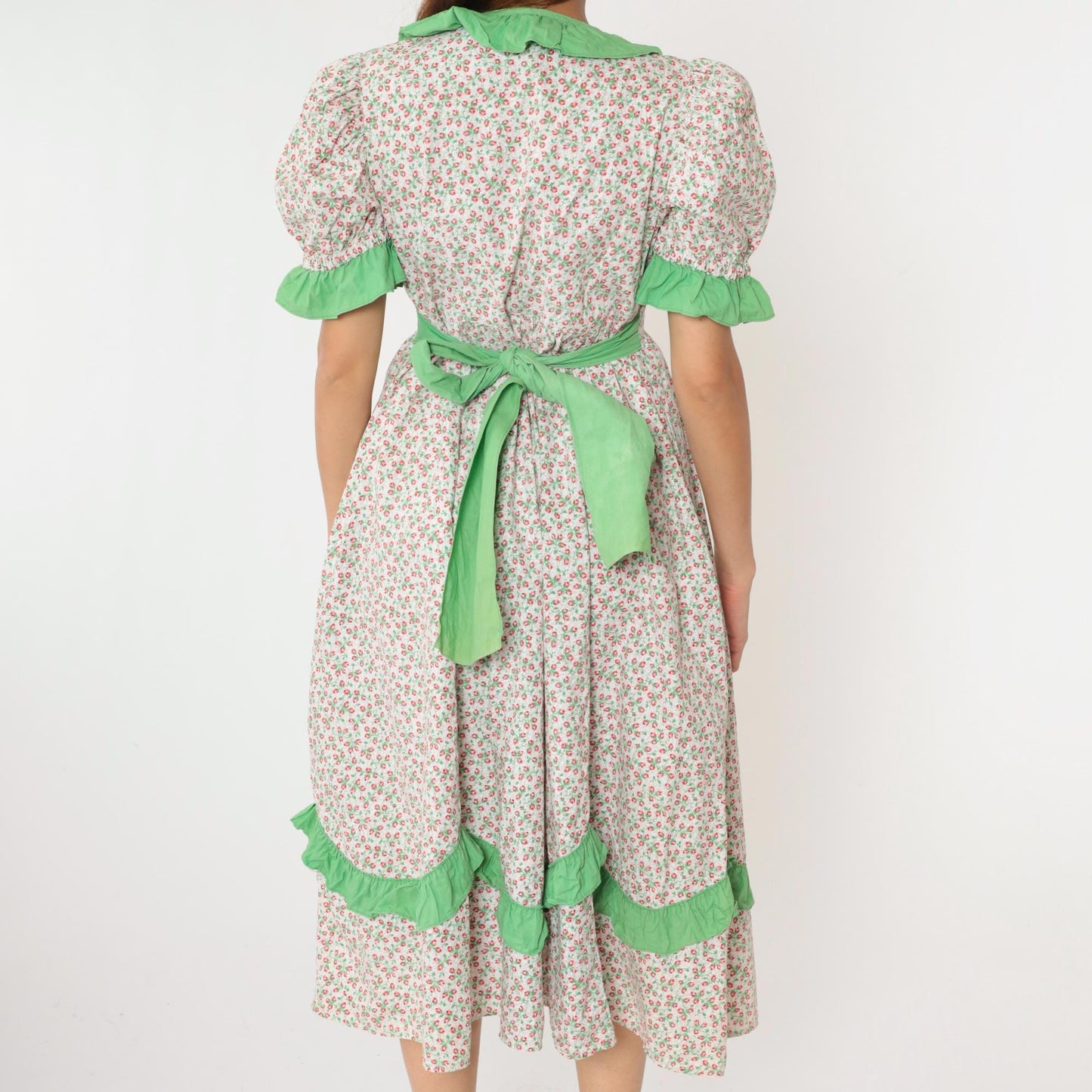 70s White Calico Floral Midi Dress Puff Sleeve High Waist Ruffled Medium Large