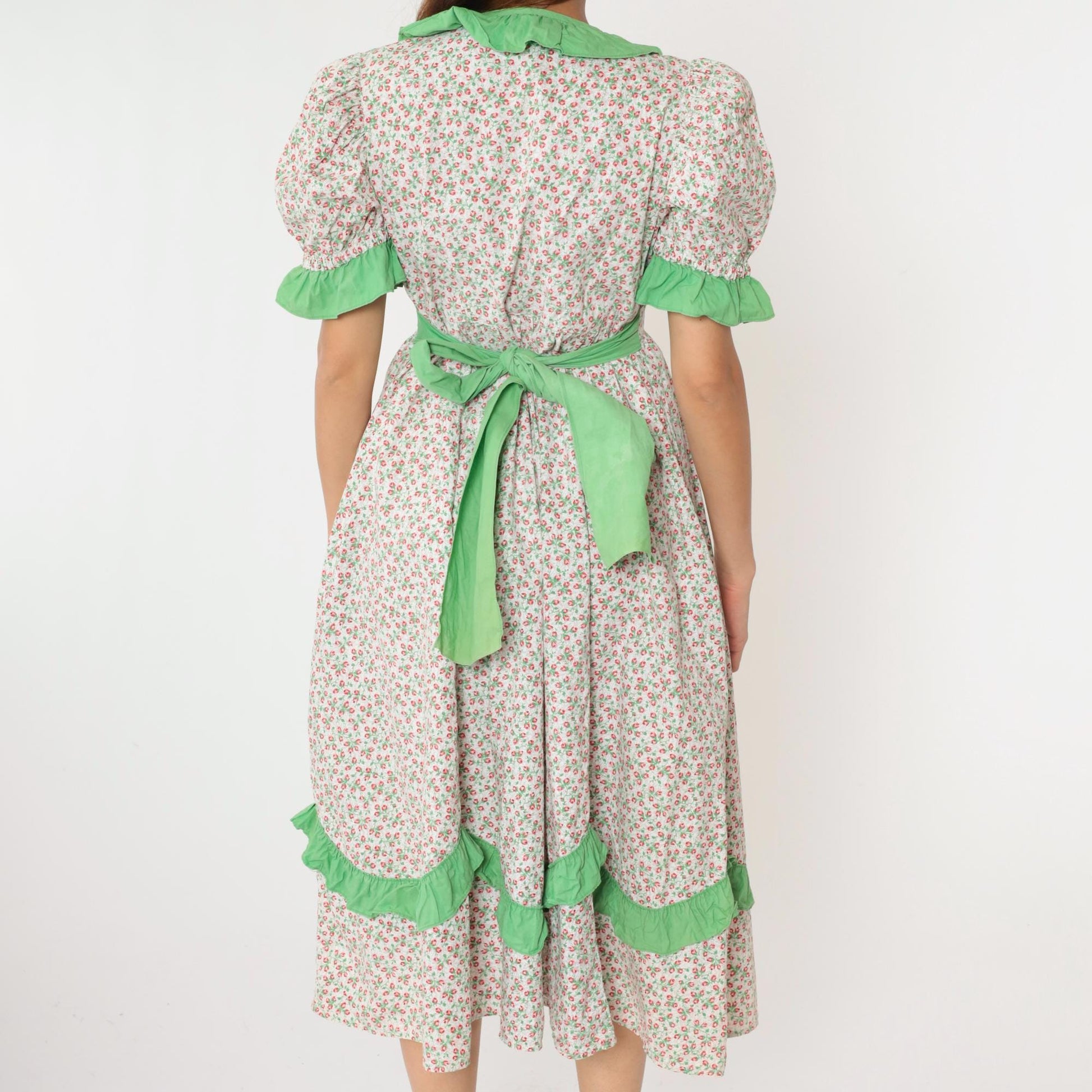 70s White Calico Floral Midi Dress Puff Sleeve High Waist Ruffled Medium Large