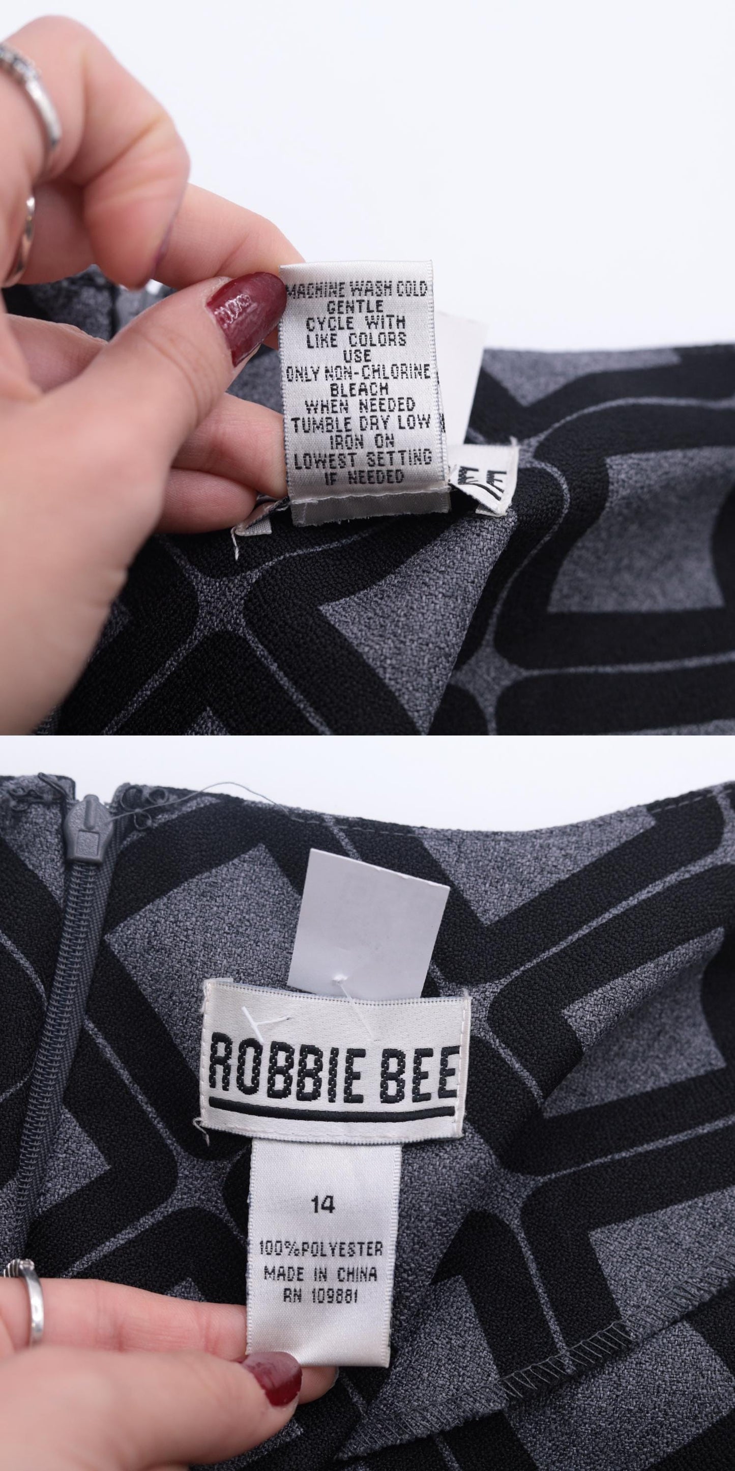 90s Robbie Bee Geometric Mini Dress Grey Black V-Neck Puff Sleeve Large